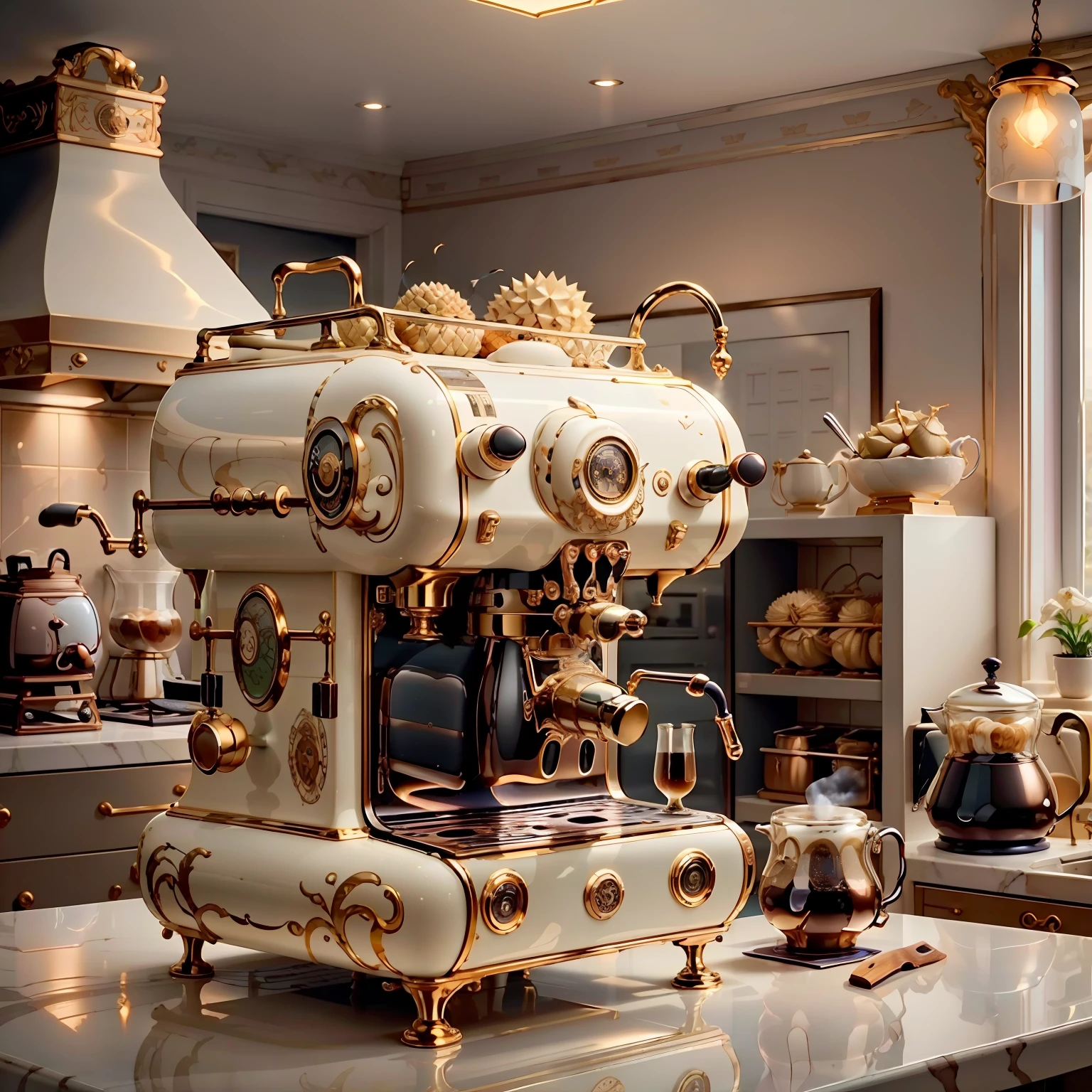 IvoryGoldAI coffee machine and durian in kitchen