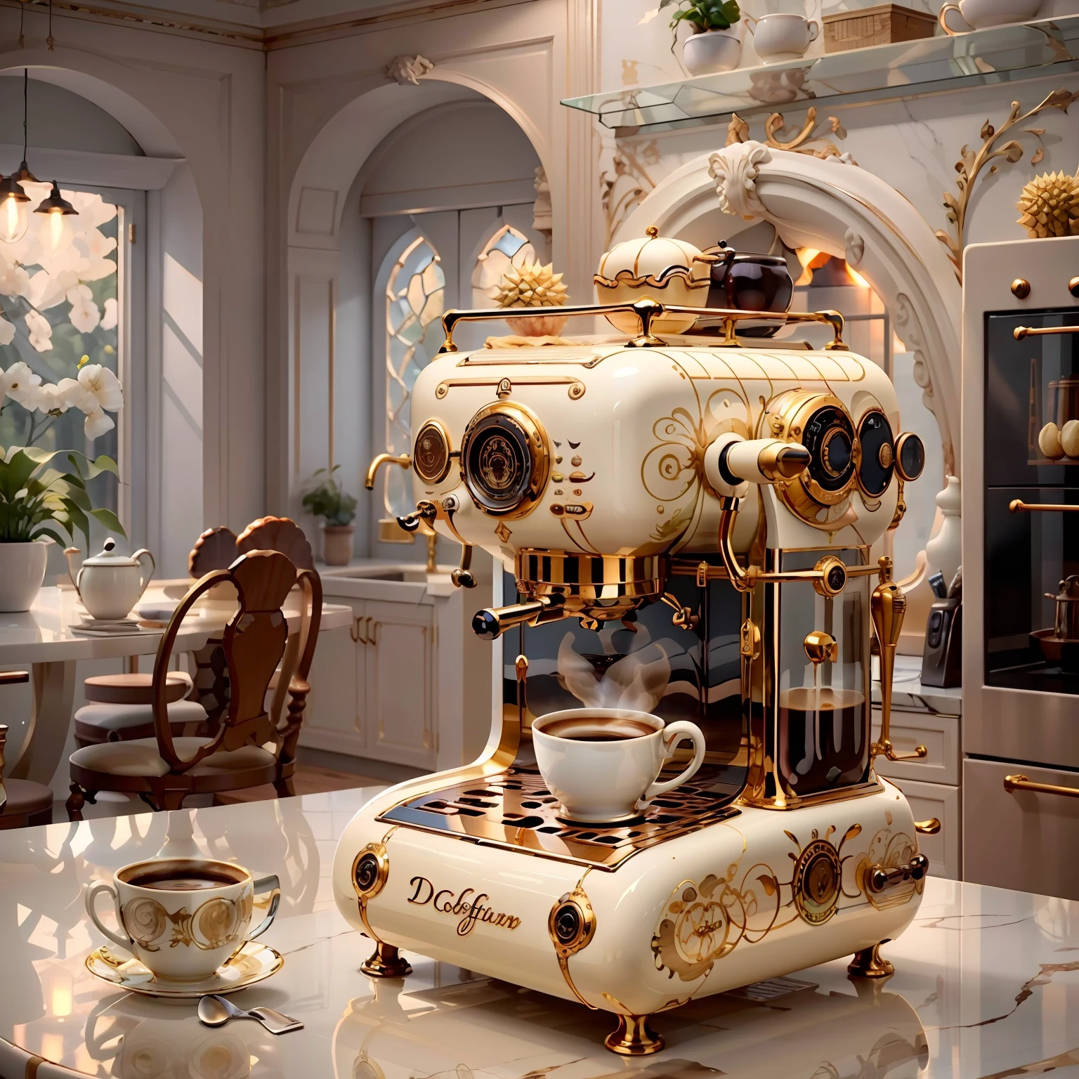 IvoryGoldAI coffee machine and durian in kitchen