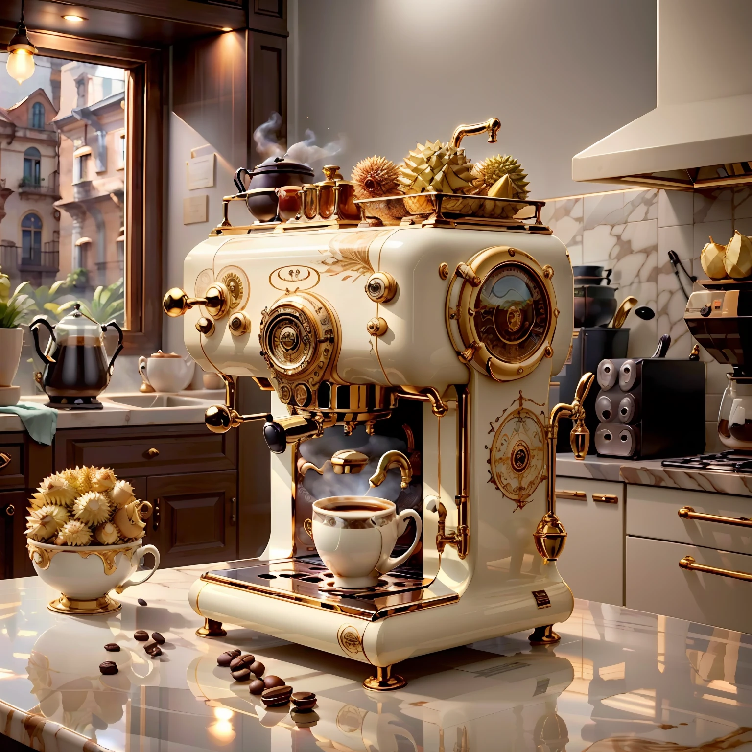 IvoryGoldAI coffee machine and durian in kitchen