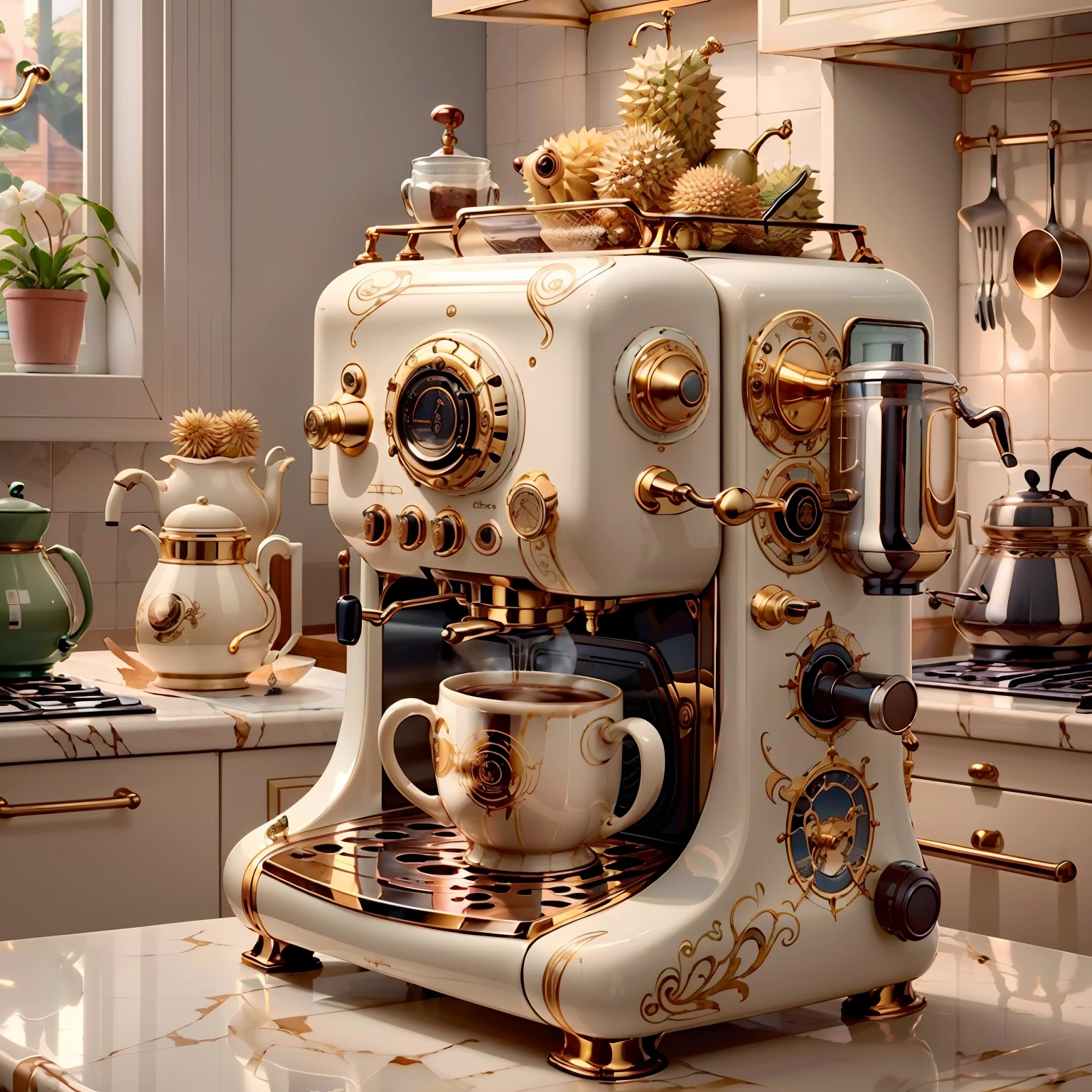 IvoryGoldAI coffee machine and durian in kitchen