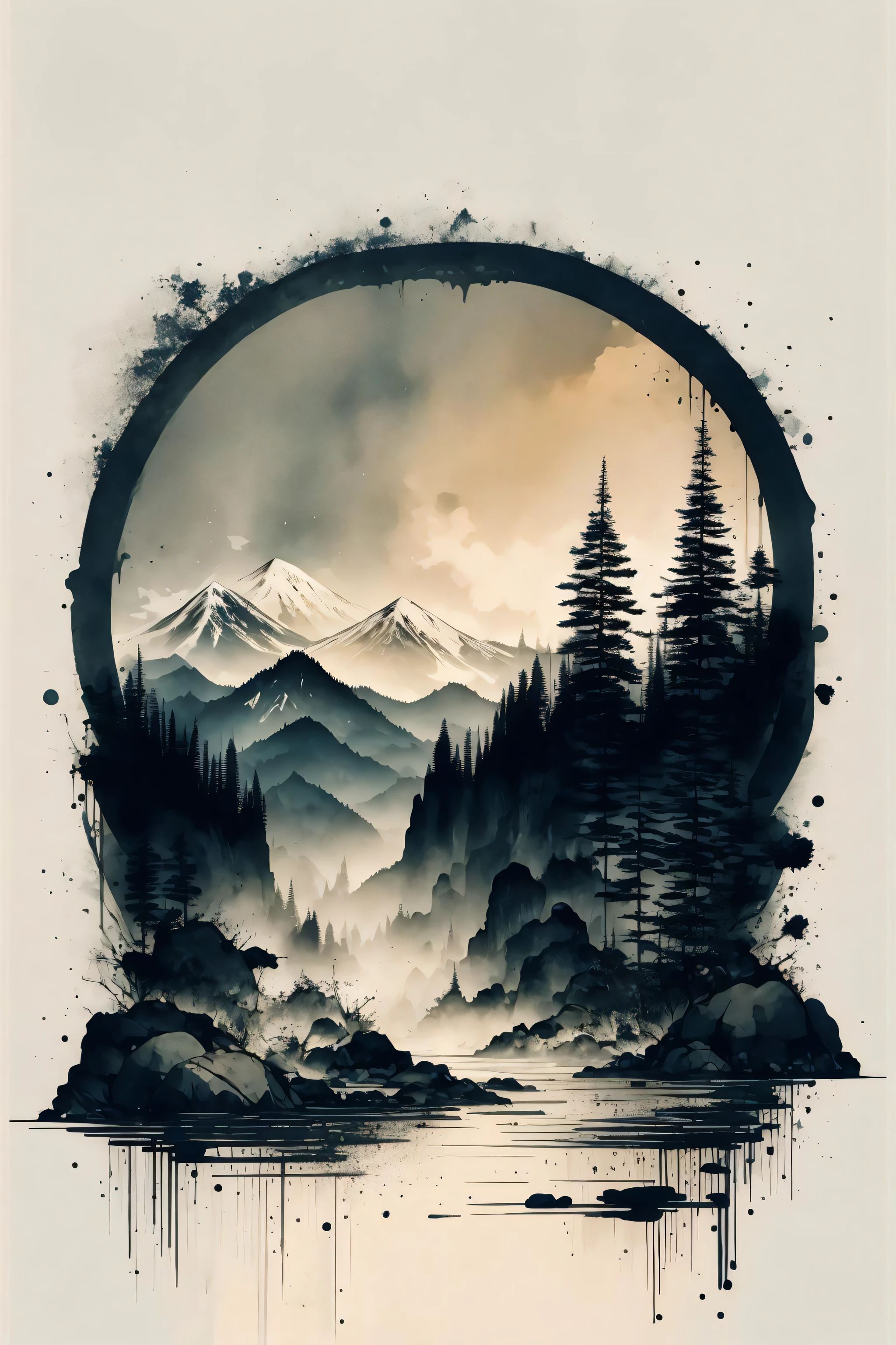 white background, scenery, ink, mountains, water, trees
