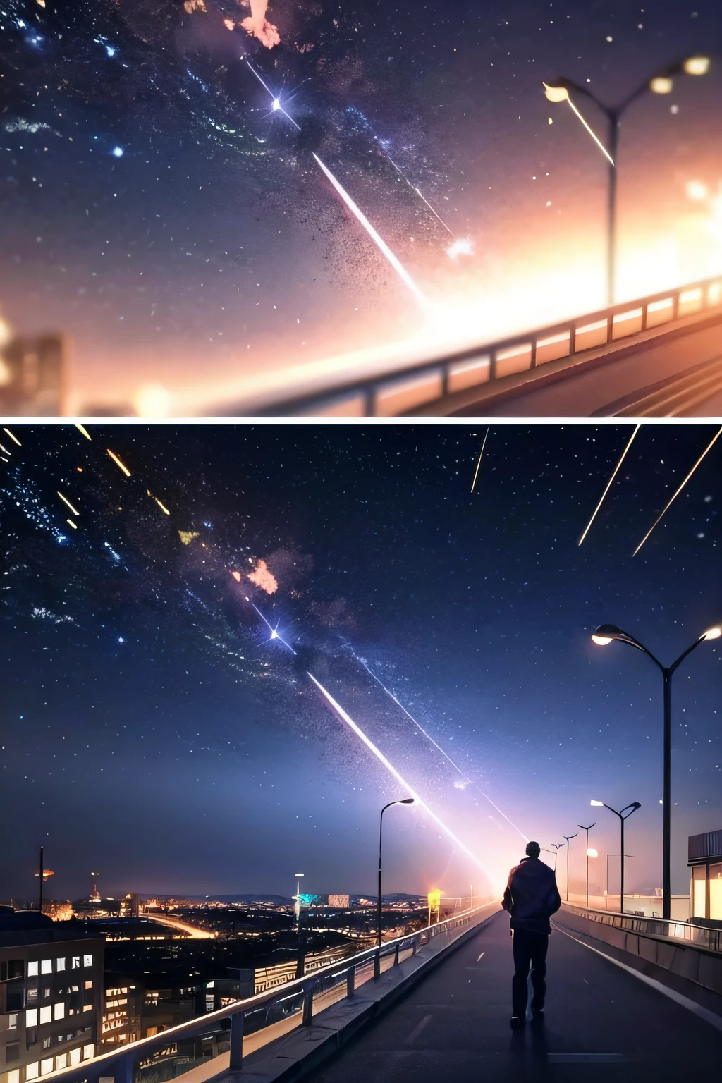 a couple of pictures of a man walking down a street at night, cosmic skies. by makoto shinkai, during a meteor storm, epic concept art. bokeh, anime vfx, anime bullet vfx, great composition cinematic, inspired by Makoto Shinkai, in style of makoto shinkai, beautiful and cinematic lighting, style of makoto shinkai