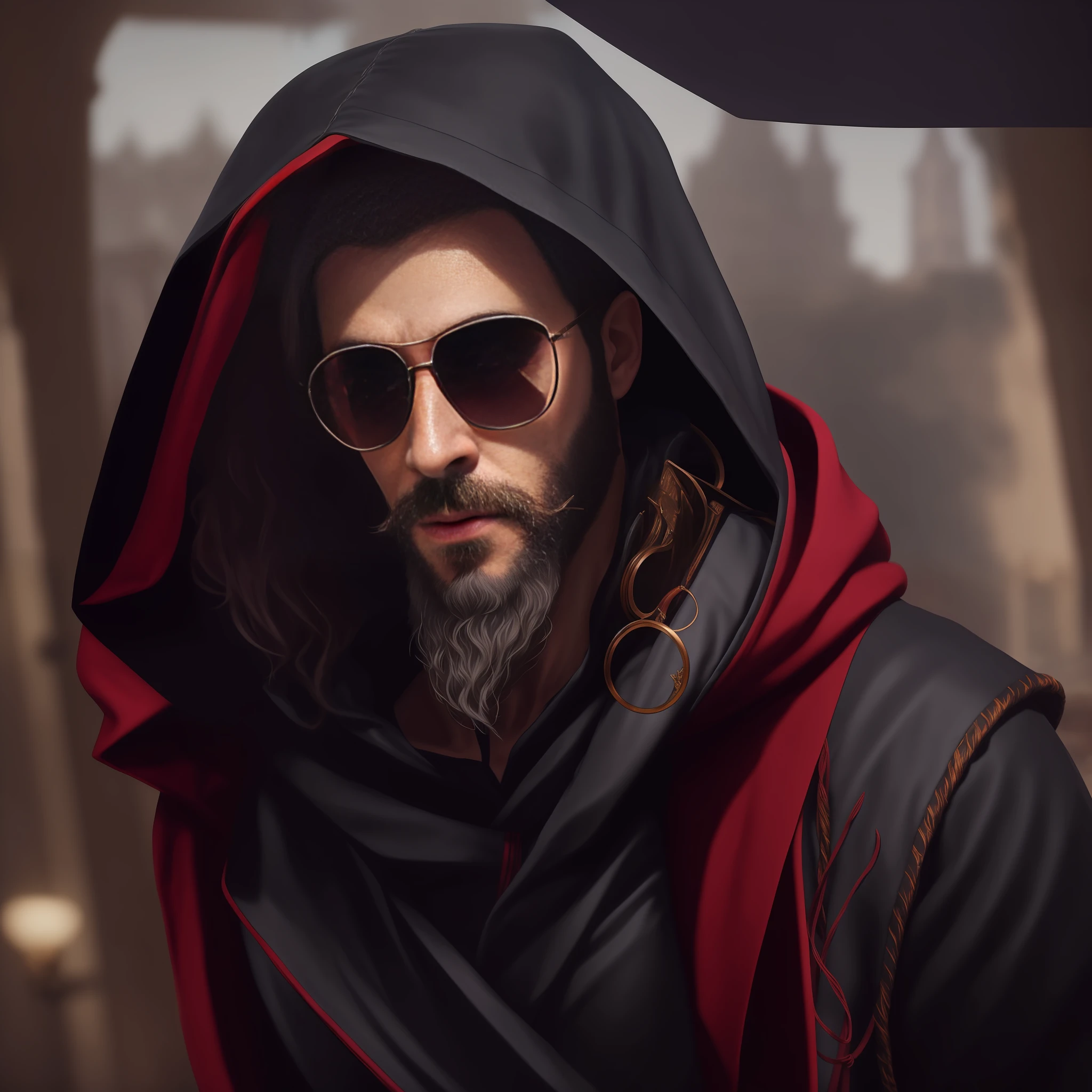 arafed man with a beard and sunglasses wearing a hooded jacket, portrait of a bloodborne hunter, cinematic realistic portrait, red hooded mage, wearing a flowing cloak, fantasy male portrait, highly detailed character, wearing cultist red robe, portrait of a dnd character, photorealistic artstyle, handsome man, high quality portrait, dressed in a beautiful red cloak