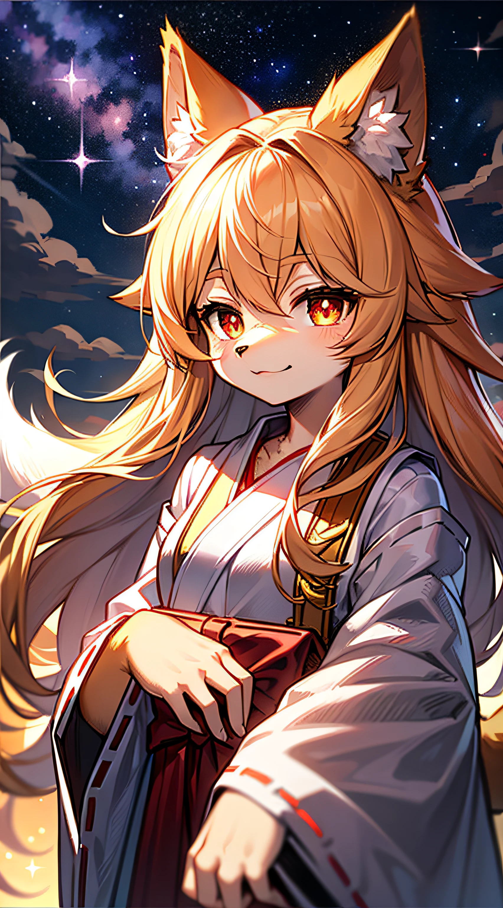 Fox girl, furry, furry, golden fur, golden face fur, long hair, red pupils, super cute face, brown elements on fur, miko, beautiful lights and shadows, ambient light, super fine fur, volumetric light, night, clouds and stars in the sky, starry sky outside, shooting stars, natural lighting