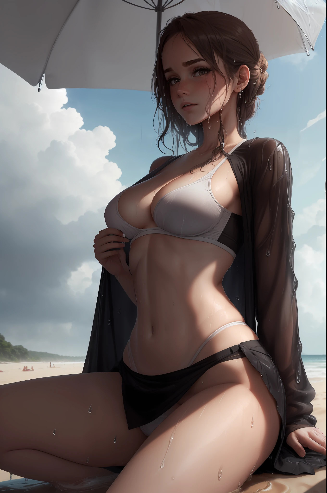 Emma Watson sits on the beach and leans against a huge pillow, She wears a tight sports bra, (She wears a black wrap skirt), ((She wears white panties under her skirt)), (small_breasts:1.9), (small head), ((cameltoe)), (Masterpiece:1.2) (photorealistic:1.2) (best quality) (intricate details) (8K) (High Poly) (Raytracing), (Sharp focus), (natural skin textures), ((The sky is overcast and it's raining)),  ((Hair and clothes are wet)) --auto