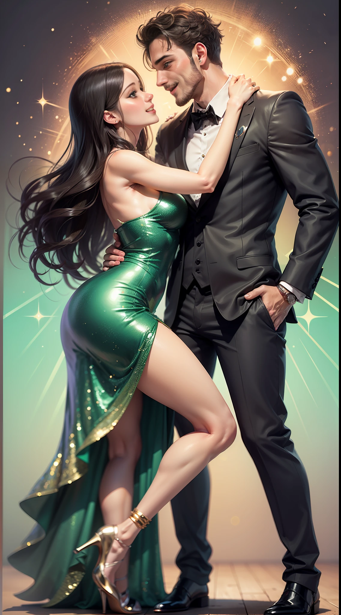 A woman and a man, French people, people have very fair skin, dance salsa, smiling, happy, full body, head full, club, no one else on the dance floor, the woman wearing a short green dress with sequins and long hair, the man wears a black suit and a white shirt, the woman is well placed in front of the man, The woman's arm is well resting on the man's shoulder, the man's shoulders are straight, the hands have five fingers, colorful, bright background