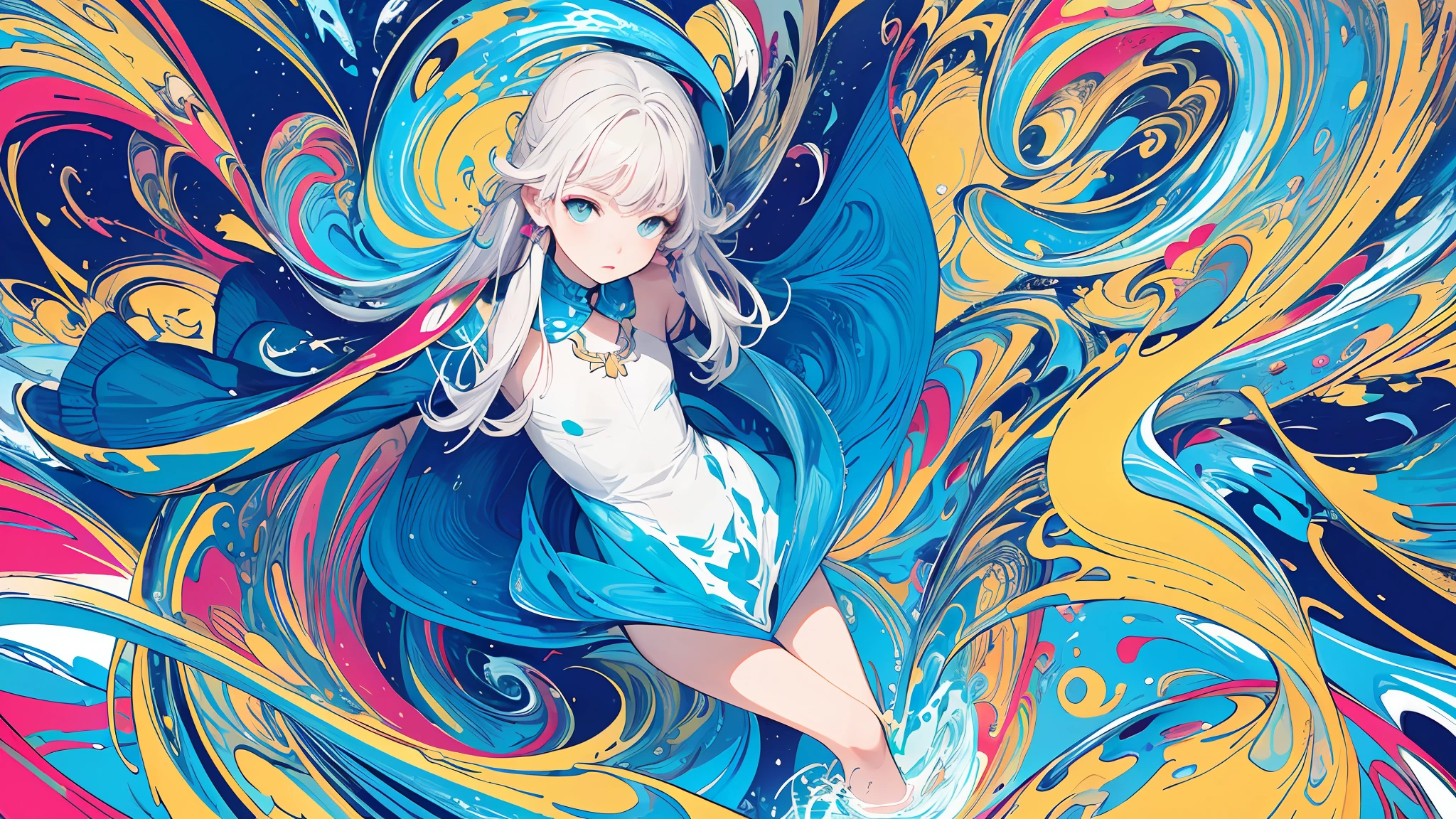(masterpiece, best quality:1.3), (flat color:1.3),(colorful:1.3),looking at viewer,1girl,solo,floating colorful water,(2D:1.3)