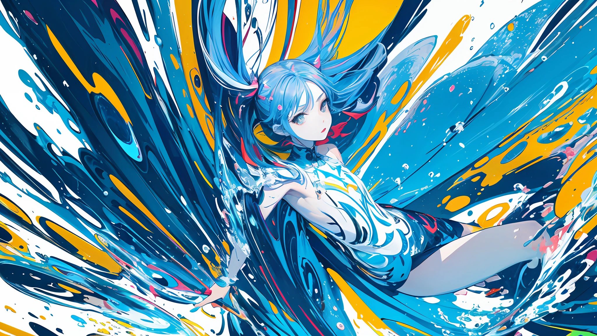(masterpiece, best quality:1.3), (flat color:1.3),(colorful:1.3),looking at viewer,1girl,solo,floating colorful water,(2D:1.3)