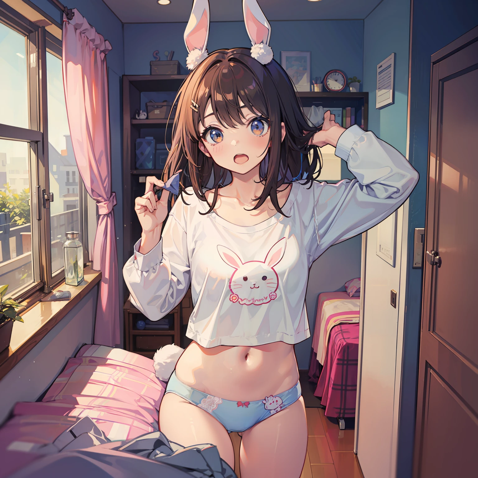 Rabbit girl Morning changing clothes Surprised face Underwear In the room