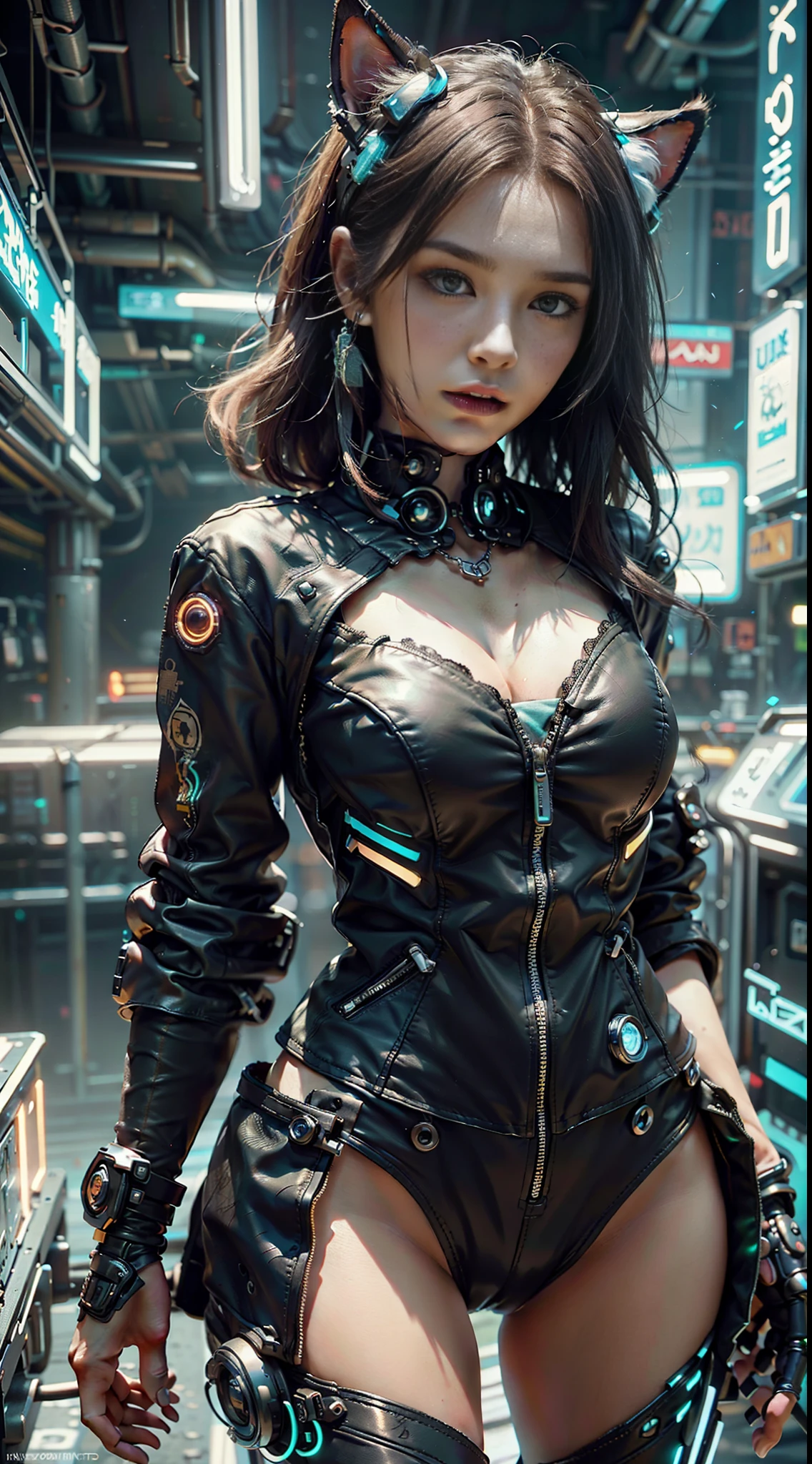 Beautiful photograph of Reika Shimohira as a Nekomata catgirl, slender body, slender hips, big breasts, wearing full ((heavy cyberpunk armor)) with neon trim, ((leather tech jacket)), cat ears, cat tail, science fiction, cyberpunk city in the background, Gantz, In the Style of Cyberpunk 2077, Ultra realistic photo, masterpiece, best quality, CG, wallpaper, HDR, high quality, high-definition, extremely detailed, {beautiful detailed face}, {beautiful detailed eyes}, (detailed light){{intricate detail}}, {highres}, ((detailed face)), neon light, chiaroscuro, key visual, intricate detail, highly detailed, breathtaking, vibrant, cinematic