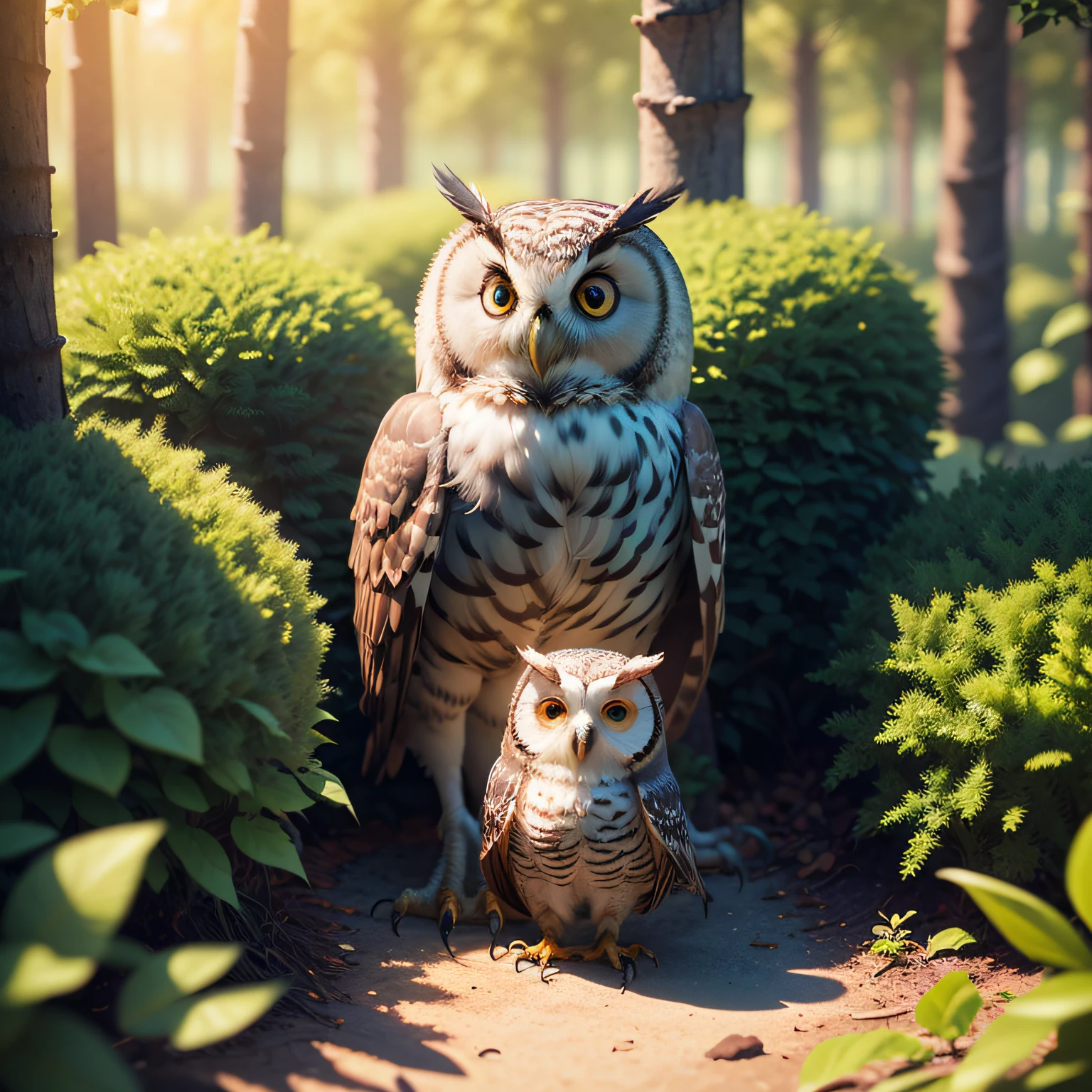 (Best Quality,8k,Masterpiece,Cute 3d Style),(Cute Owl Family Coming Out of a Bush),(Enchanted Forest,Shrub),(Sunny Morning,Full Light, Shrub), Ultra Realistic 3D Illustration, Natural Realistic Rendering,Hyper Real Render, Ultra Realistic Image,Photorealistic CGI --auto
