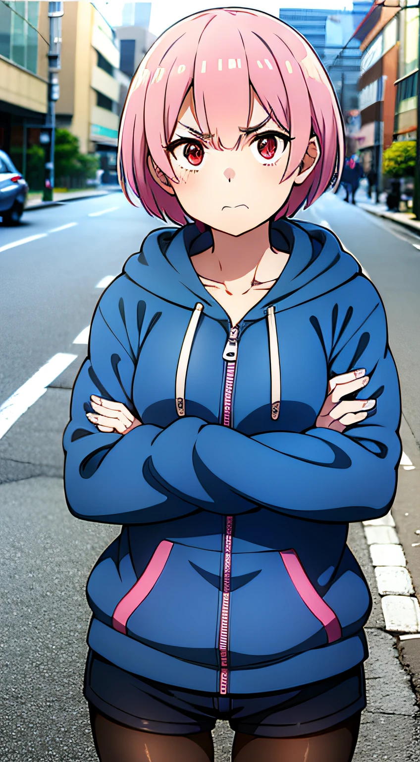 masterpiece, rem rezero, pink hair, red eyes, detailed eyes, angry face, hoodie open zipper, blue shirt, dark shorts, pantyhose, casual oufit, crossed arms, standing in the middle of the street, legs apart, looking at the viewer,