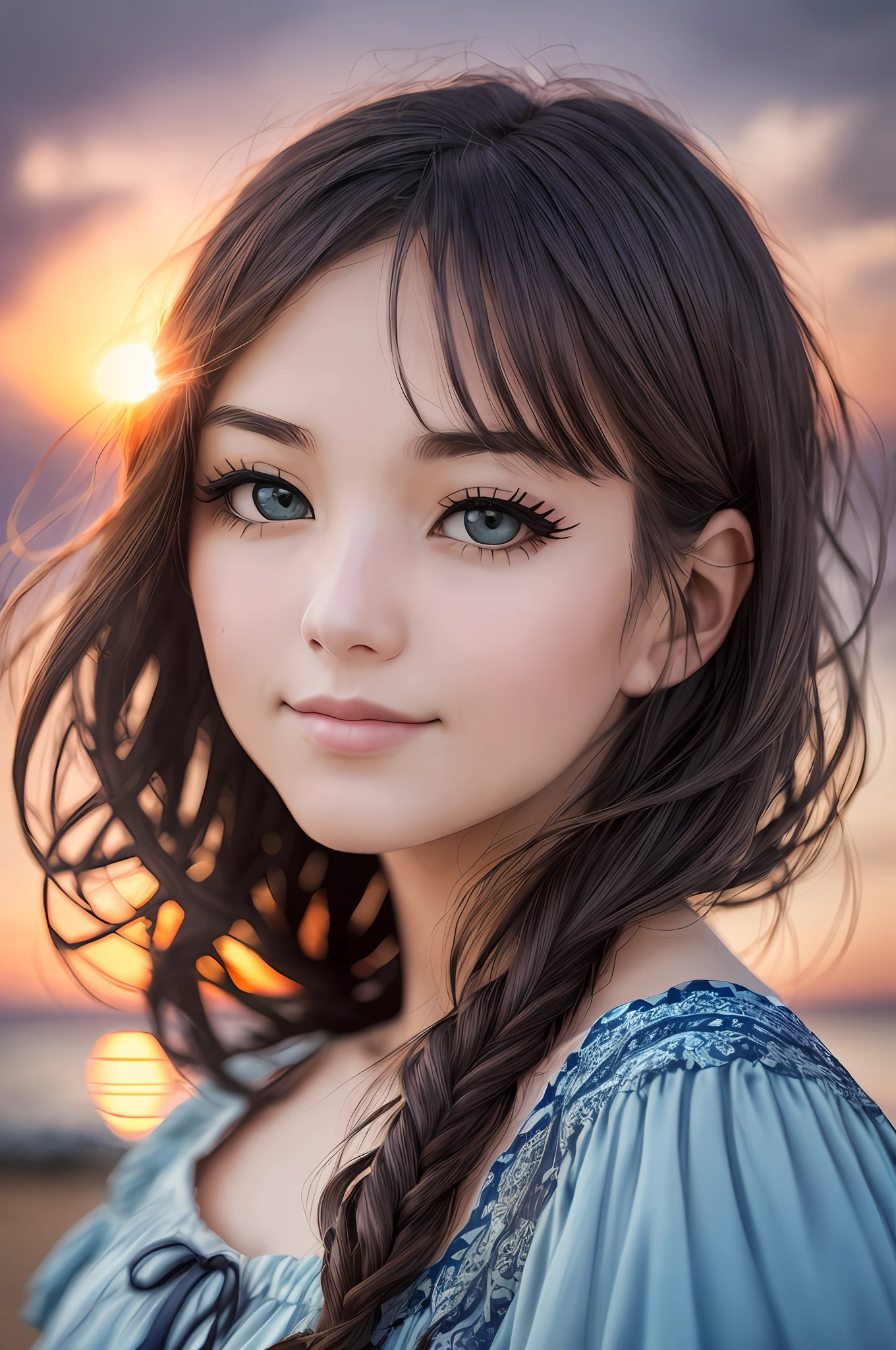 Eveel SG, (Women: 1.2), (Summer Night Sunset: 1.3), Black Mascara Upper and Lower Eyelid Eyeliner, (8k, RAW Photo, Best Quality, Masterpiece: 1.2), (Hyper-Realistic, Photorealistic: 1.37), Best Quality, Ultra High Resolution, (Face Focus: 1.8), (Portrait Face: 1.7), (Large Face: 1.5), (High Contrast: 1.1), (Intensive: 1.1), (Detailed: 1.1), (Top Quality, (Analog: 1.2), (High Sharpness), True Shadow, Shot on Canon EOS R6,  135mm, 1/1250 sec., f/2.8, ISO 400, (summer dress: 1.3), (in-field: 1.2), (fancy clouds: 1.3),