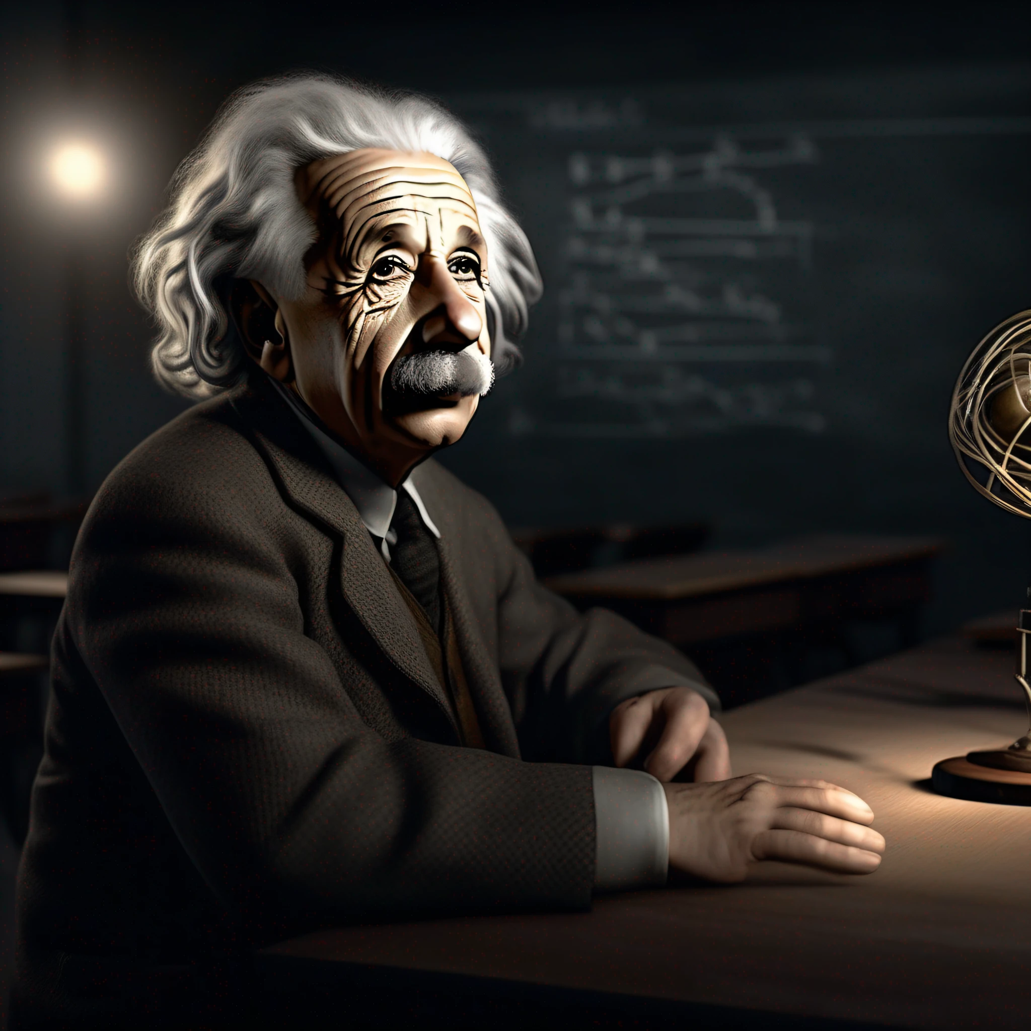 Ultra-realistic image of physicist Albert Einstein in a classroom. Best quality, masterpiece, ultra high res, (photorealistic: 1.4), raw photo, , offshoulder, in the dark, deep shadow, discreet, cold light --auto