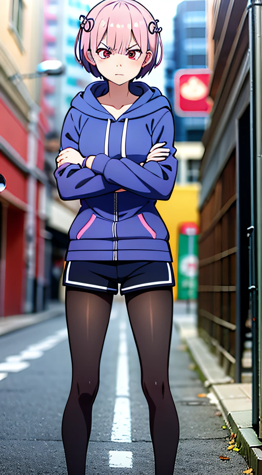 masterpiece, rem rezero, pink hair, red eyes, detailed eyes, angry face, hoodie open zipper, blue shirt, dark shorts, pantyhose, casual oufit, crossed arms, standing in the middle of the street, legs apart, looking at the viewer,