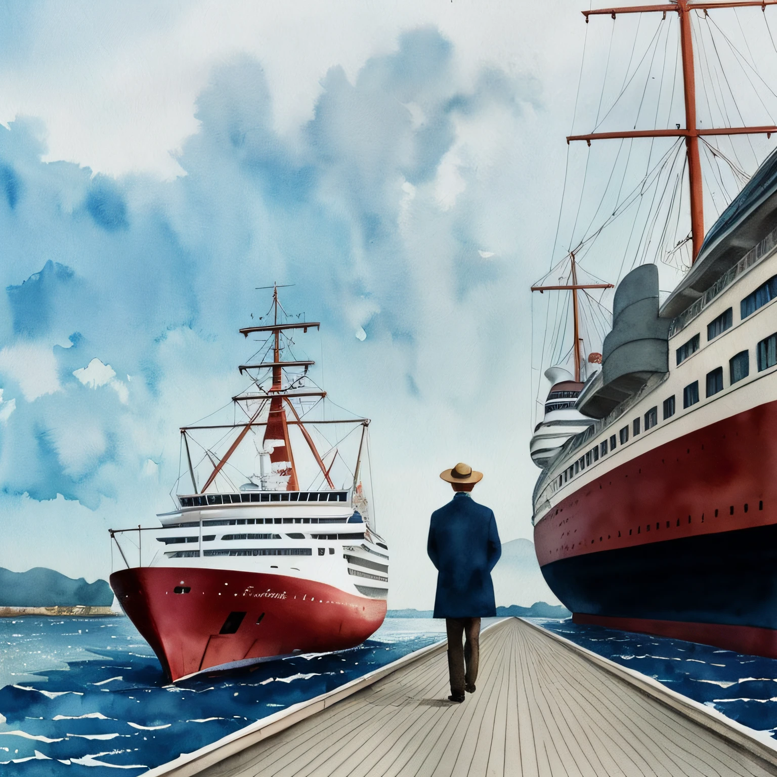 Watercolor art of a man appearing on his back, he is in a harbor, there is a large passenger ship, the man looks at the ship, the sky is gray and rainy. --auto