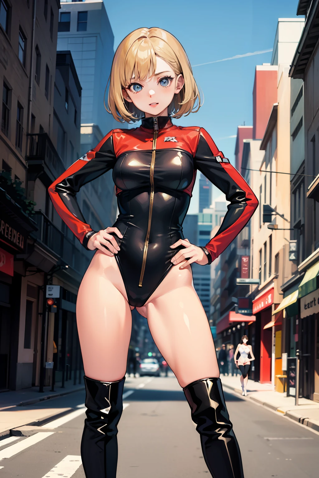 ((masterpiece)), ((best quality)), ((highres)), 1girl, solo, superhero, bare legs, (leotard), hands on hip, city backdrop, knee boots