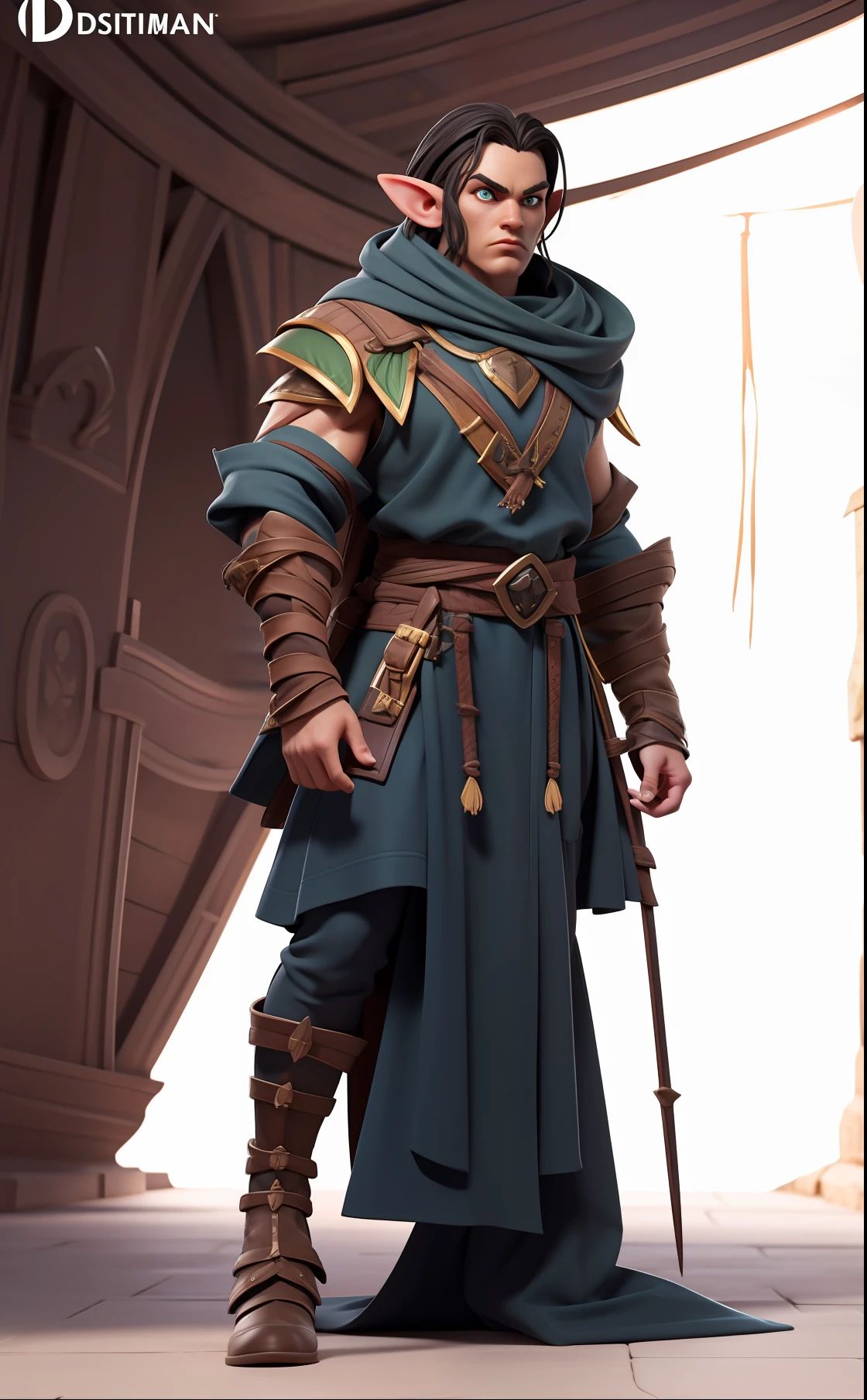 (Masterpiece), (Excellent), (Super Meticulous), (Full Body: 1.2), realistic and proportional human body:1.2, handsome man, male handsome elf elf:1.5, tall and tonned body, chiseled facial features, long black hair:1.5, solo:1.5, 1boy, hyper detailed medieval clothes:1.8, nouble, realistic amber eyes:1.2, hyper detailed face, d&d iconic character, hyper natural realistic skin, tattoos on his body,Very Clean Face, multiple facial expression, fierce elf warrior, 3D character design, CGI extreme detailed wallpaper digital art, cartoon style correct anatomy, octane render, fierce expression on her face, volumetrics