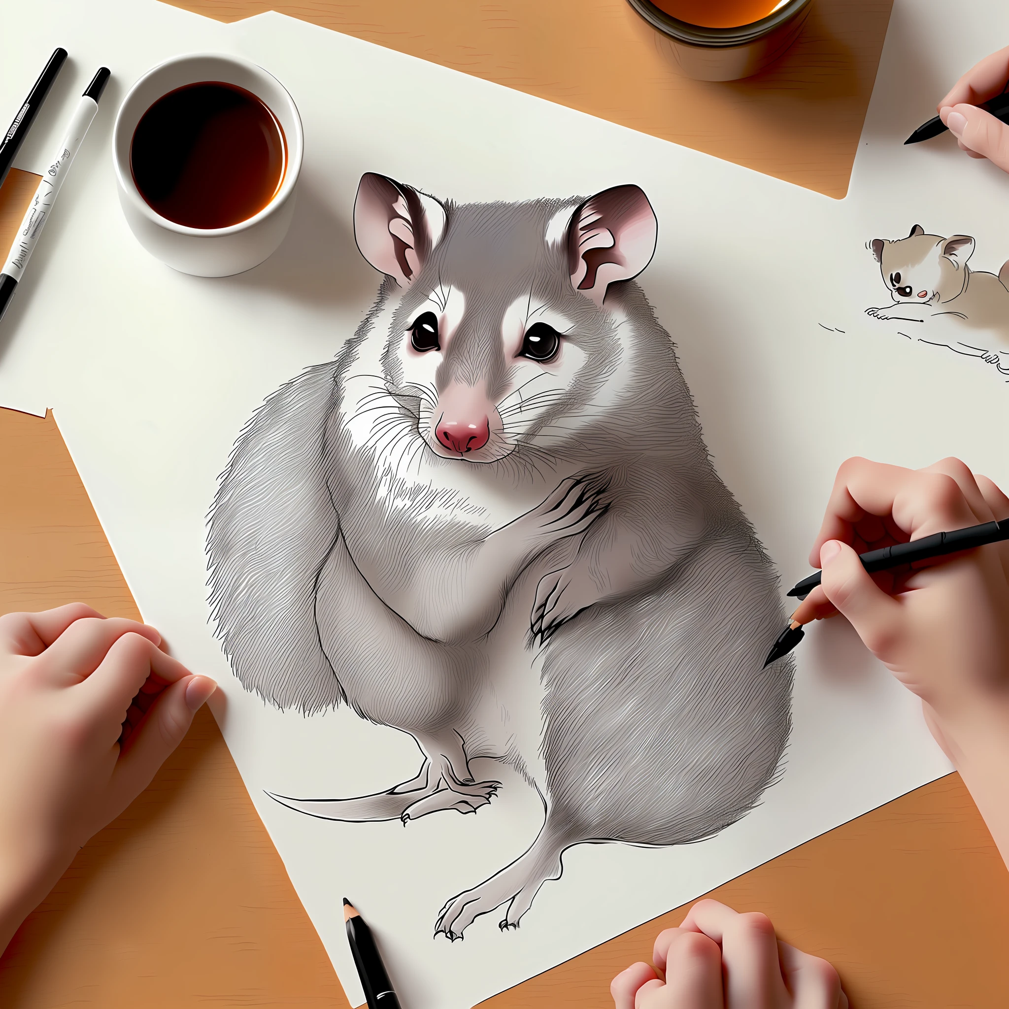 Animal Possum in the form of an artist draws a picture with good morning