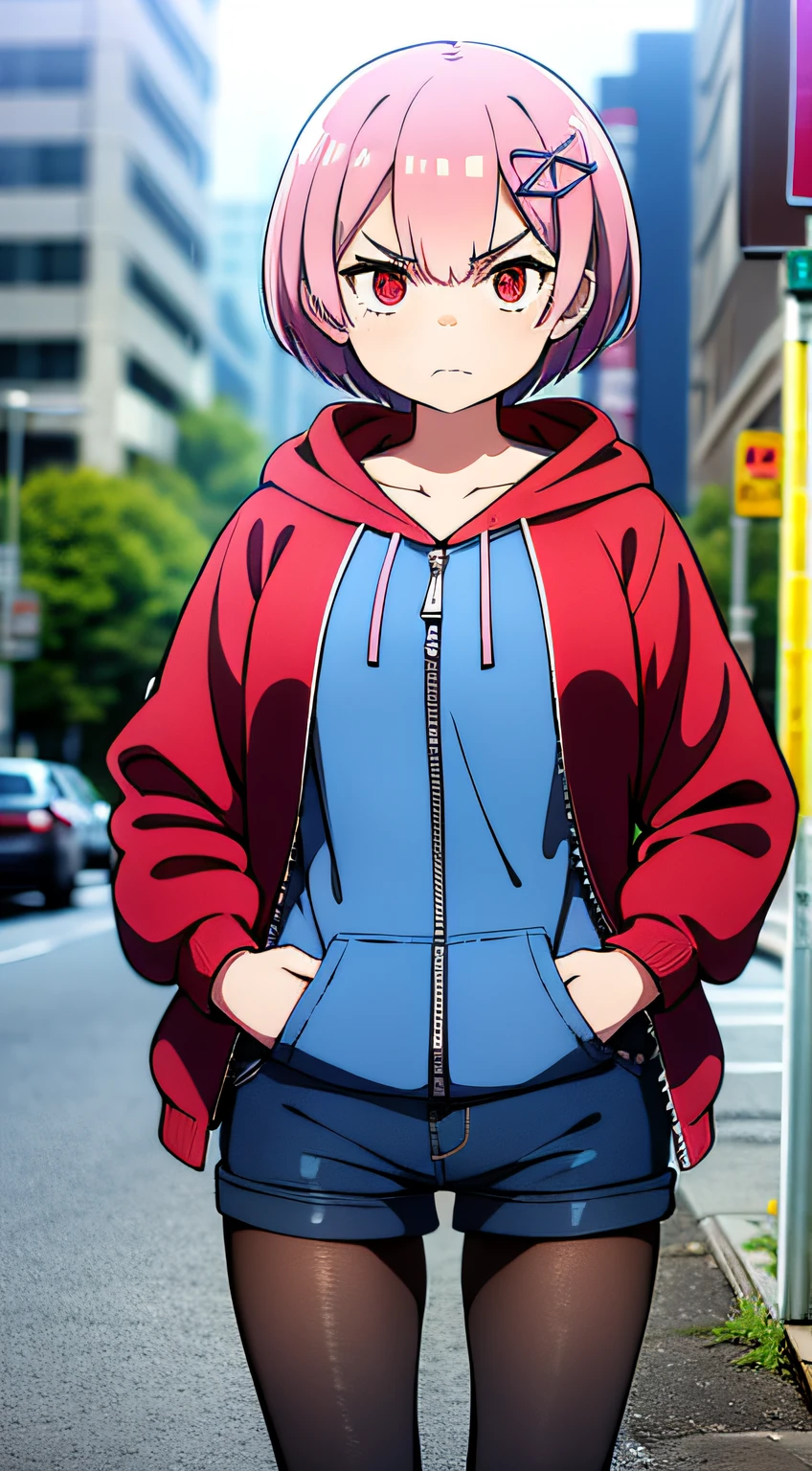 masterpiece, rem rezero, pink hair, red eyes, detailed eyes, angry face, red hoodie opened zipper, blue shirt, dark shorts, pantyhose, casual oufit, crossed arms, standing in the middle of the street, legs apart, looking at the viewer,