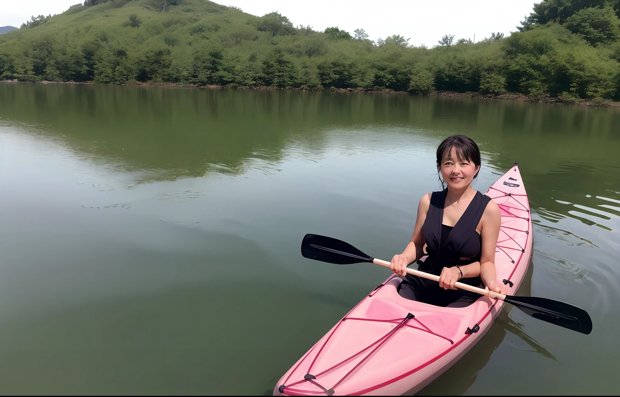 ((incomparable masterpiece, best quality)), mombod, older average mature Japanese woman paddling kayak at the end of the day on a calm lake of crystal clear waters, , , 50 year old woman, beautiful look,