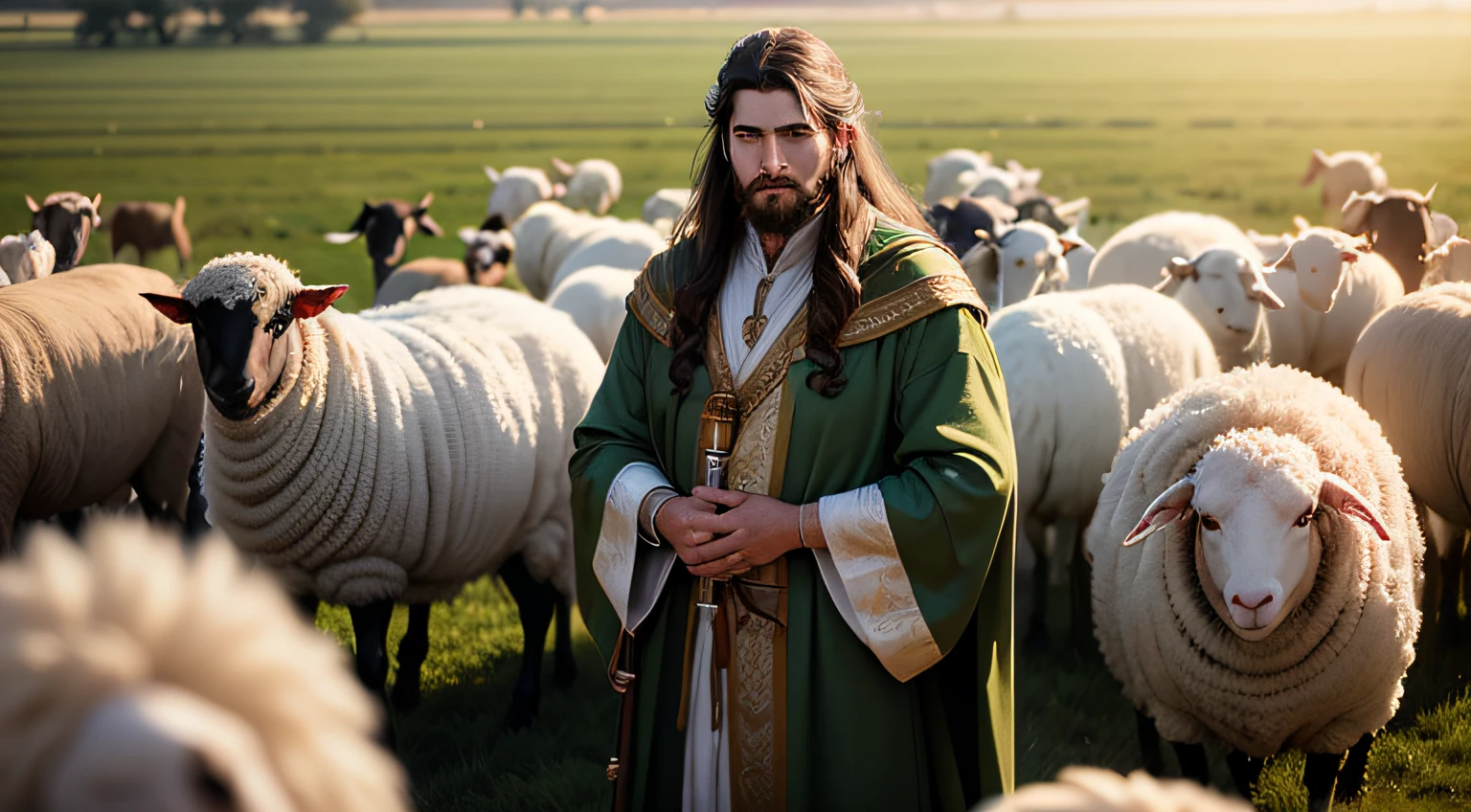 m a young man with long hair and a beard holding a staff and in first-century Jewish robes. Around him, his sheep in a green field. This young man would be portrayed as a benevolent figure, with a kind and compassionate look with only 2 hands and five fingers on each, and the sheep would be quiet and secure around him. Scene illuminated by a soft ray of sunshine, creating a play of light and shadow on the field. --auto
