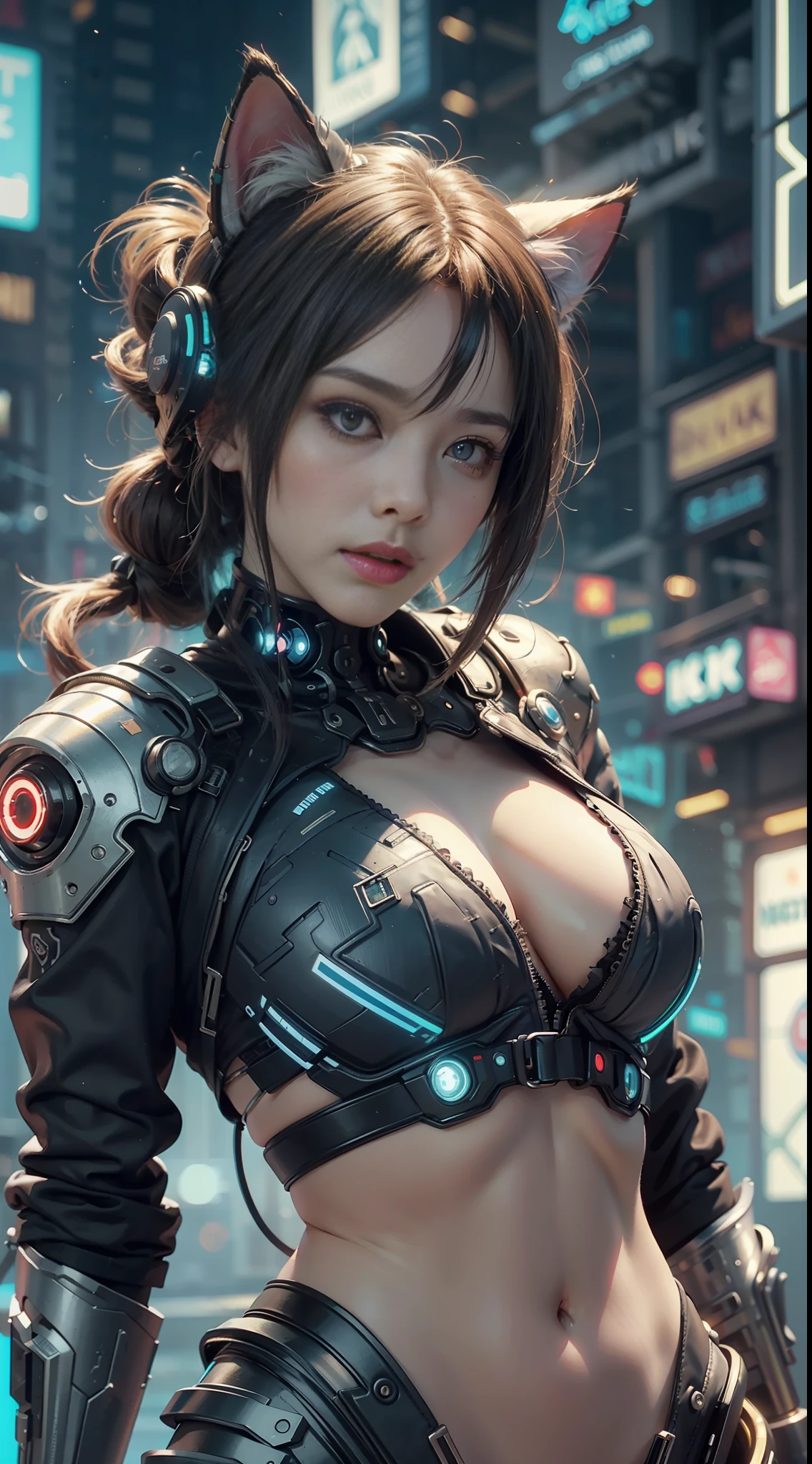 Beautiful photograph of Reika Shimohira as a Nekomata catgirl, slender body, slender hips, big breasts, wearing full ((heavy cyberpunk armor)) with neon trim, (colorful tech jacket)), cat ears, cat tail, science fiction, cyberpunk city in the background, Gantz, In the Style of Cyberpunk 2077, Ultra realistic photo, masterpiece, best quality, CG, wallpaper, HDR, high quality, high-definition, extremely detailed, {beautiful detailed face}, {beautiful detailed eyes}, (detailed light){{intricate detail}}, {highres}, ((detailed face)), neon light, chiaroscuro, key visual, intricate detail, highly detailed, breathtaking, vibrant, cinematic