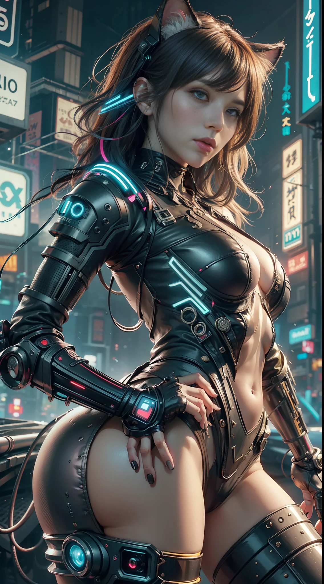 Beautiful photograph of Reika Shimohira as a Nekomata catgirl, slender body, slender hips, big breasts, wearing full ((heavy cyberpunk armor)) with neon trim, (colorful tech jacket)), cat ears, cat tail, science fiction, cyberpunk city in the background, Gantz, In the Style of Cyberpunk 2077, Ultra realistic photo, masterpiece, best quality, CG, wallpaper, HDR, high quality, high-definition, extremely detailed, {beautiful detailed face}, {beautiful detailed eyes}, (detailed light){{intricate detail}}, {highres}, ((detailed face)), neon light, chiaroscuro, key visual, intricate detail, highly detailed, breathtaking, vibrant, cinematic