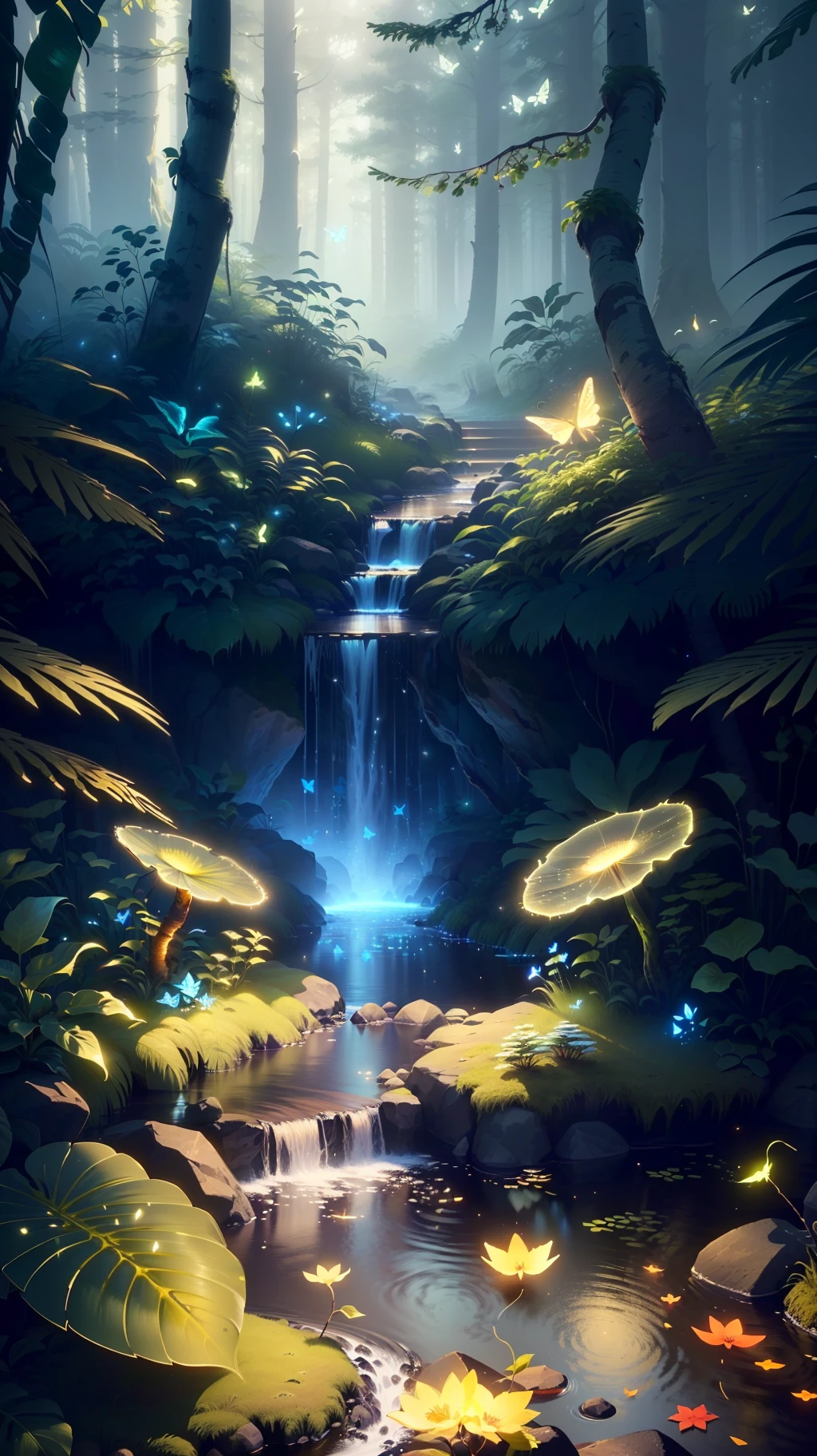 Masterpiece, best quality, (highly detailed CG unity 8k wallpapers), (best quality), (best illustrations), (best shadows), forest theme with natural elements. Tall trees, quiet streams, small glowing mushrooms surrounded by delicate leaves and branches, with fireflies and glowing particle effects,, (natural elements), (jungle theme), (leaves), (twigs), (fireflies), butterflies, (delicate leaves), (glow), (particle effects). , Isometric 3D, Octane Rendering, Ray Traced, Super Detailed