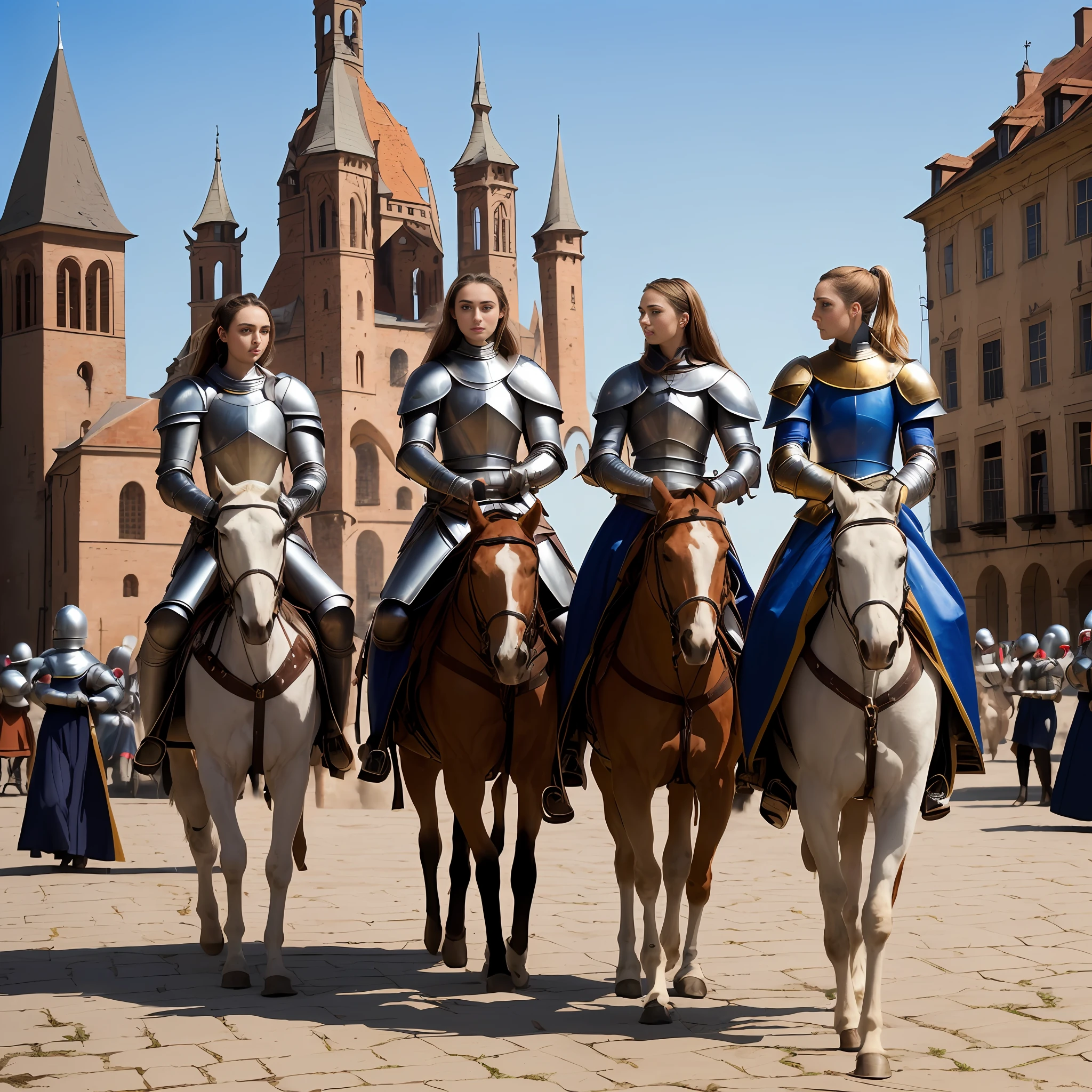 three women in armor riding horses in front of a castle, of a beautiful female knight, dressed in medieval clothes, ana de armas as joan of arc, in a medieval city, beautiful female knight, medieval style, annasophia robb as joan of arc, medieval!!, by Adam Marczyński, by Walenty Wańkowicz