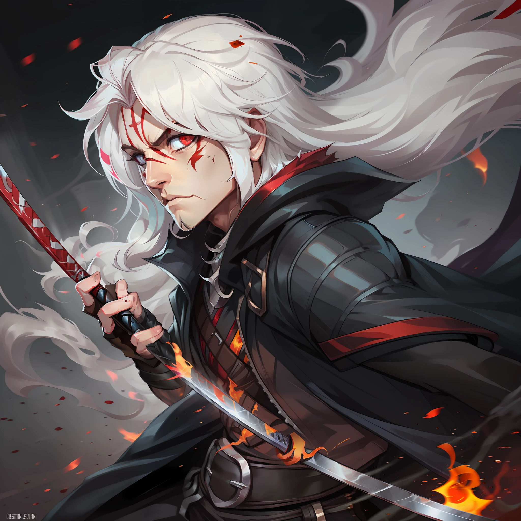 Anime man white hair, red eyes, black fireball in hand, digital art, white hair, crimson red eyes, Fire around, standing, neutral background, arcane art style, long hair, male character, black clothing, black fire, katana on the back, look of brave, battle wounds, black mask on face