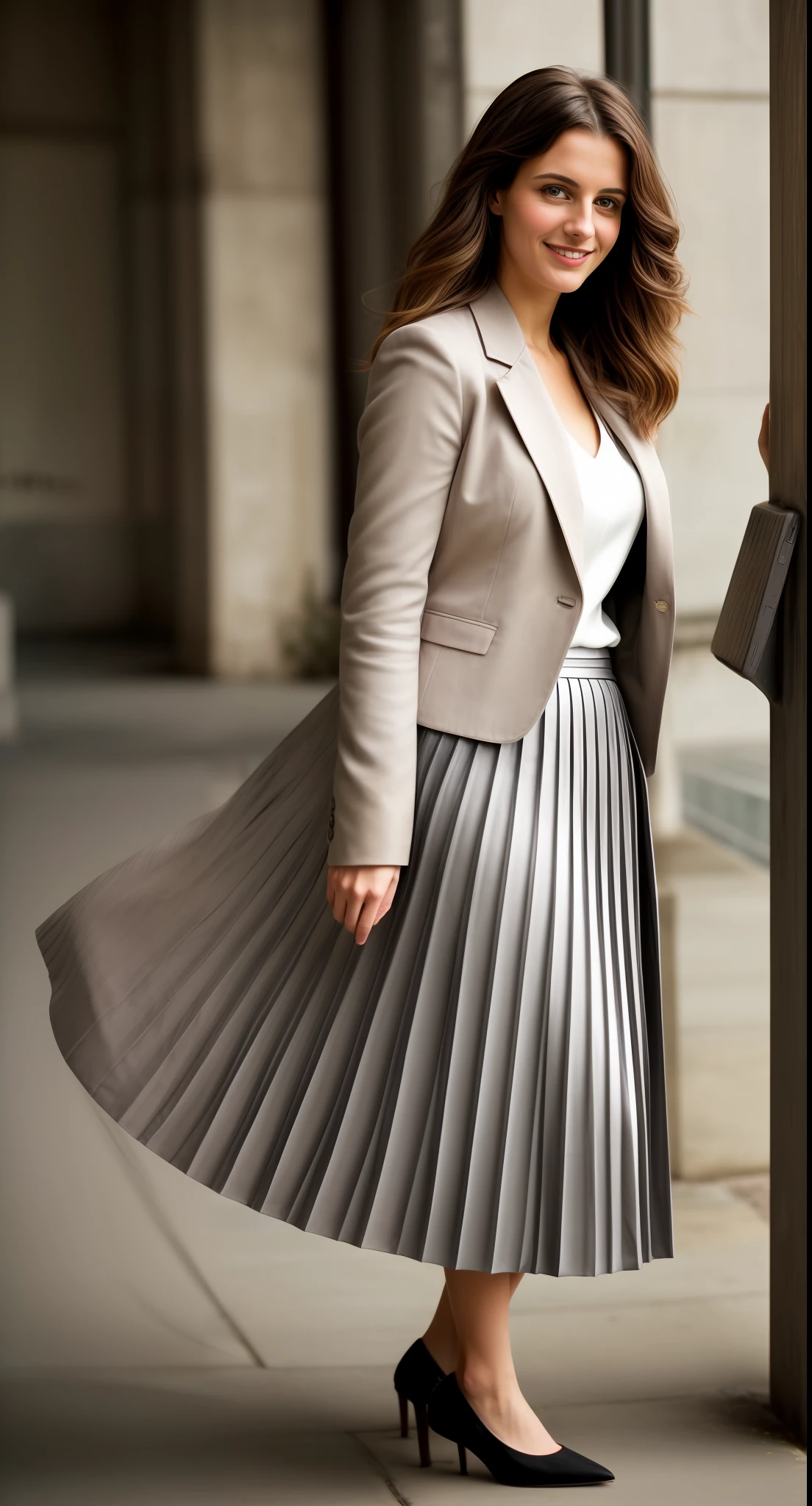 authentic (very shy smiling) good woman wearing a short blazer with a very very detailed (long (fully pleated) full circle skirt) and (simple) low heeled office shoes, very very intricate hyper-detailed symmetric (attractive graceful young feminine face) with (sad, tired eyes and shy smile:1,8), full of empathy and compassion and love, (pronounced (feminine) features), (highly detailed ultra accurate realistic) hands and fingers, (windy conditions and wind blowing), epic composition, highly detailed attributes, highly detailed atmosphere, (35mm f1.4 Kodak portra 400 photograph), extremely high quality RAW photograph, intricate, Exquisite details and textures,