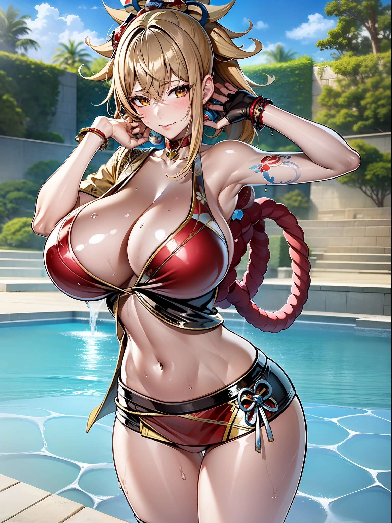 gigantic breasts,blondes, bikini anime girl posing in pool, seductive anime girl, 4K, swimsuit, (bikini: 1.3), on pixiv, next to the pool, highly detailed artgerm, smooth anime cg art, genshin impact, detailed digital anime art, yoimiya_genshin,wet skin,