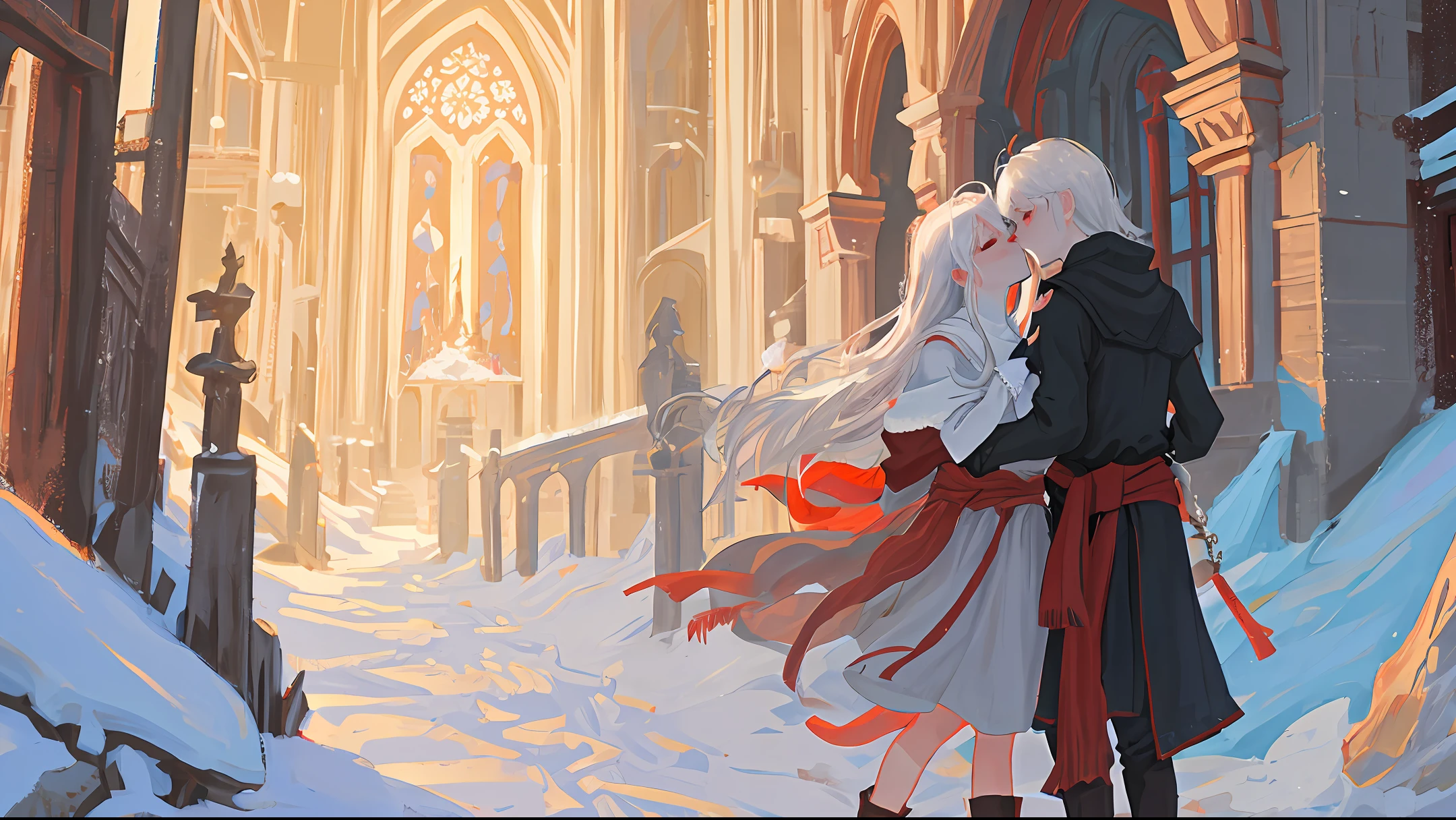 Two silver-haired girls, red-eyed, medieval knightly attire, with snow-white swords around their waist, embraced and kissed in the church at dusk with their eyes closed