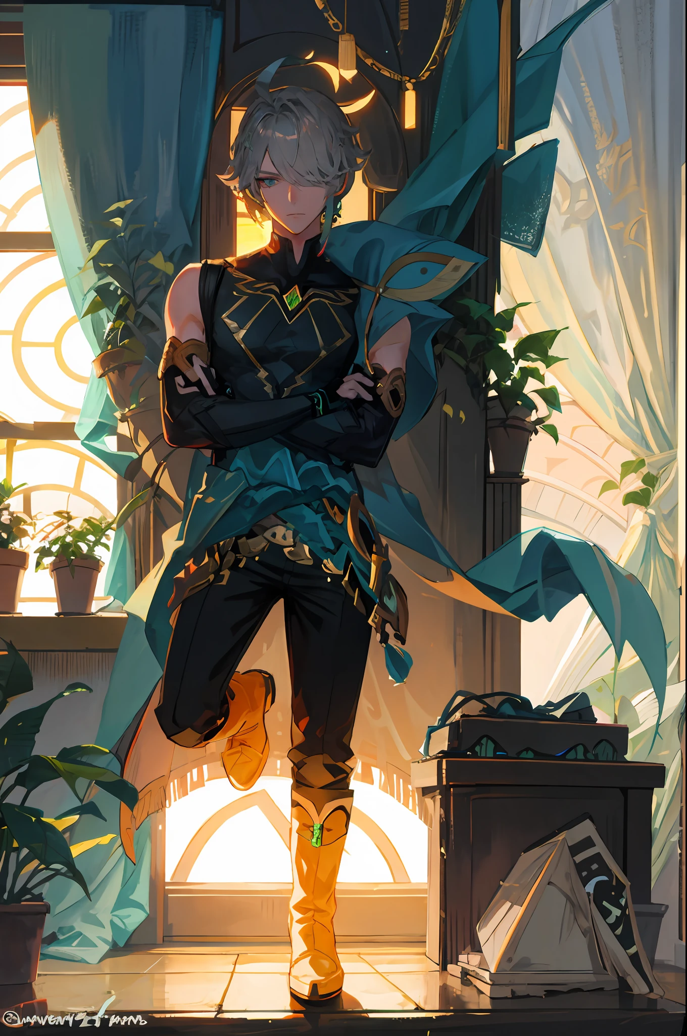 masterpiece, best quality,alhaitham\(genshin impact\), 1boy, male focus, window, shirt, solo, gloves, sleeveless shirt, grey hair, green eyes, orange pupil, sleeveless, ahoge, curtains, black shirt, bangs, hair over one eye, black gloves, indoors, fingerless gloves, black pants, pants, swept bangs, boots, bare shoulders, short hair, elbow gloves,(kbxll:0.6), detailed, focus on face, accurate face, ((crossed arms))