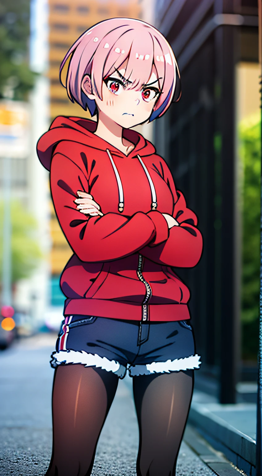 masterpiece, rem rezero, pink hair, red eyes, detailed eyes, angry face, red jacket hoodie, blue shirt, dark shorts, pantyhose, casual oufit, crossed arms, standing in the middle of the street, legs apart, looking at the viewer,