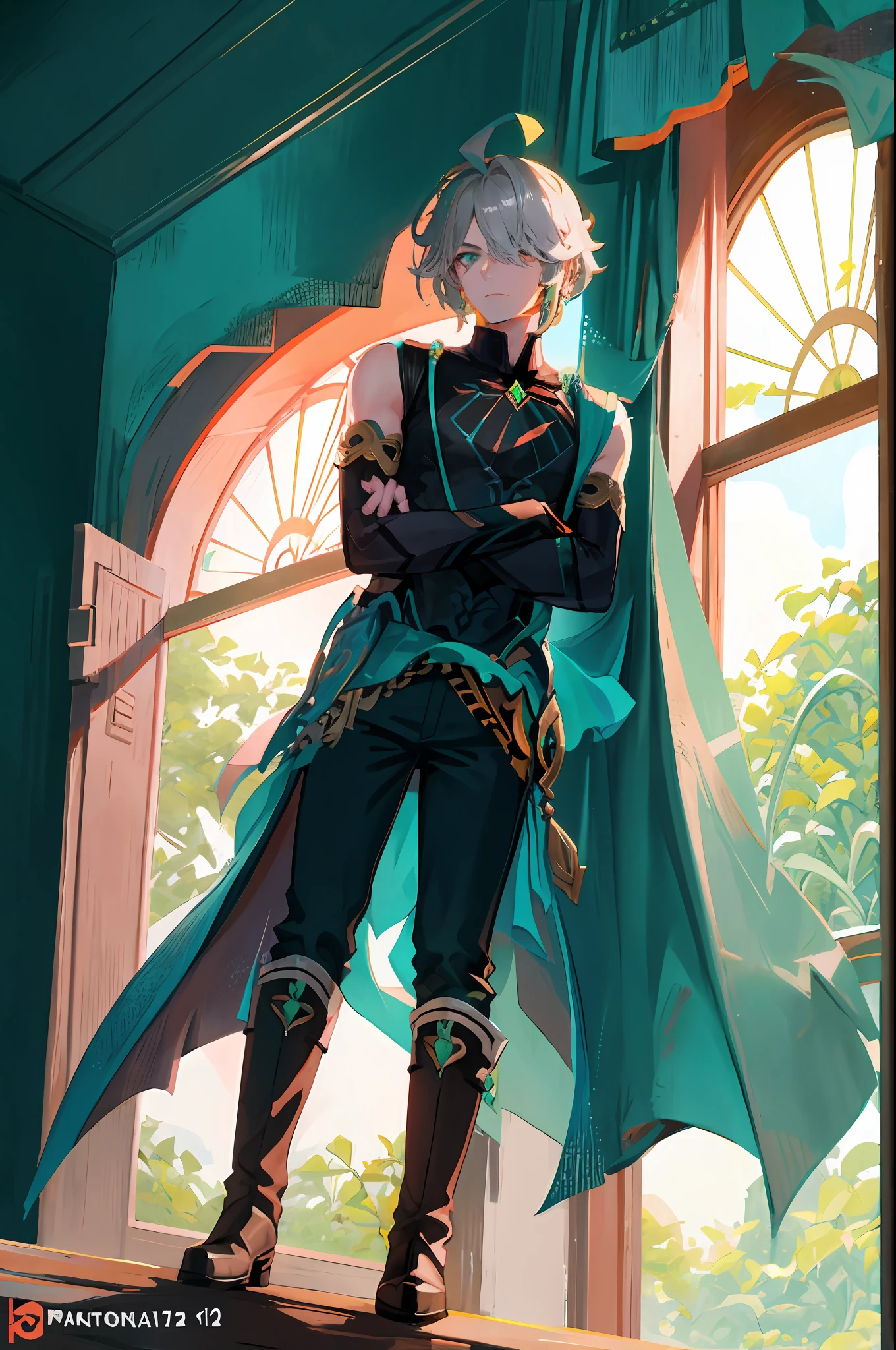 masterpiece, best quality,alhaitham\(genshin impact\), 1boy, male focus, window, shirt, solo, gloves, sleeveless shirt, grey hair, green eyes, orange pupil, sleeveless, ahoge, curtains, black shirt, bangs, hair over one eye, black gloves, indoors, fingerless gloves, black pants, pants, swept bangs, boots, bare shoulders, short hair, elbow gloves,(kbxll:0.6), detailed, focus on face, accurate face, ((crossed arms))
