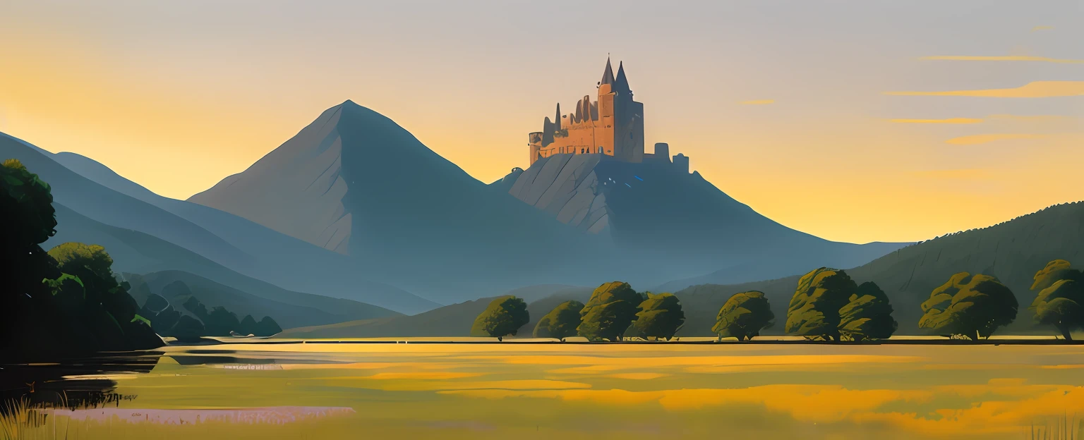 ultra realistic image, 4k, high definition, with castle, in mountains, King Athur style, next to water, in landscape with water with pattern in the afternoon, summer, vibrant colors, realistic, beautiful sunny lighting, cloudy background, very pale yellow white sky bright through trees, steppe, bright white