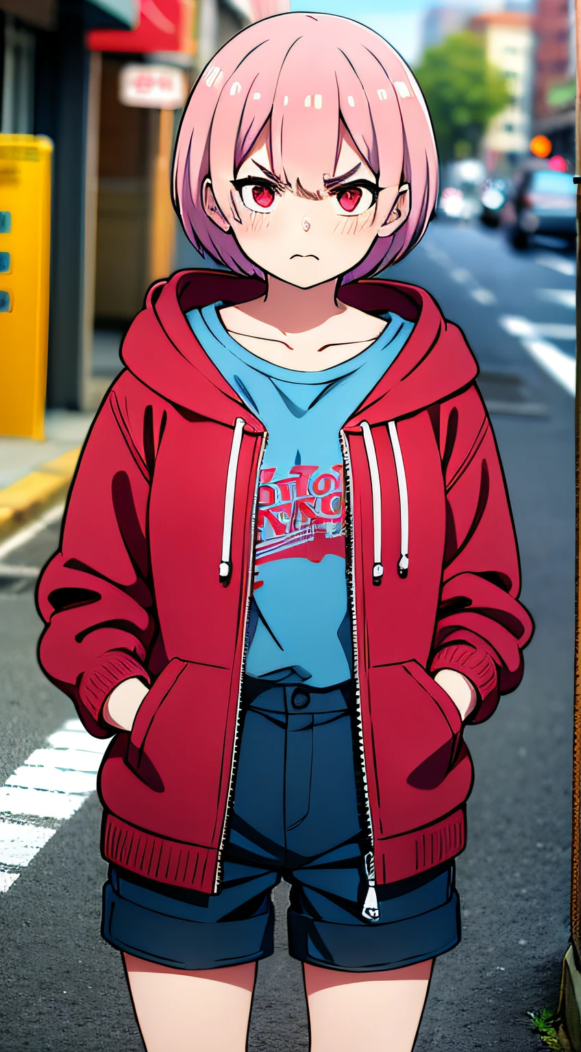 masterpiece, rem rezero, pink hair, red eyes, detailed eyes, angry face, red jacket hoodie, blue shirt, dark shorts, pantyhose, casual oufit, crossed arms, standing in the middle of the street, legs apart, looking at the viewer,