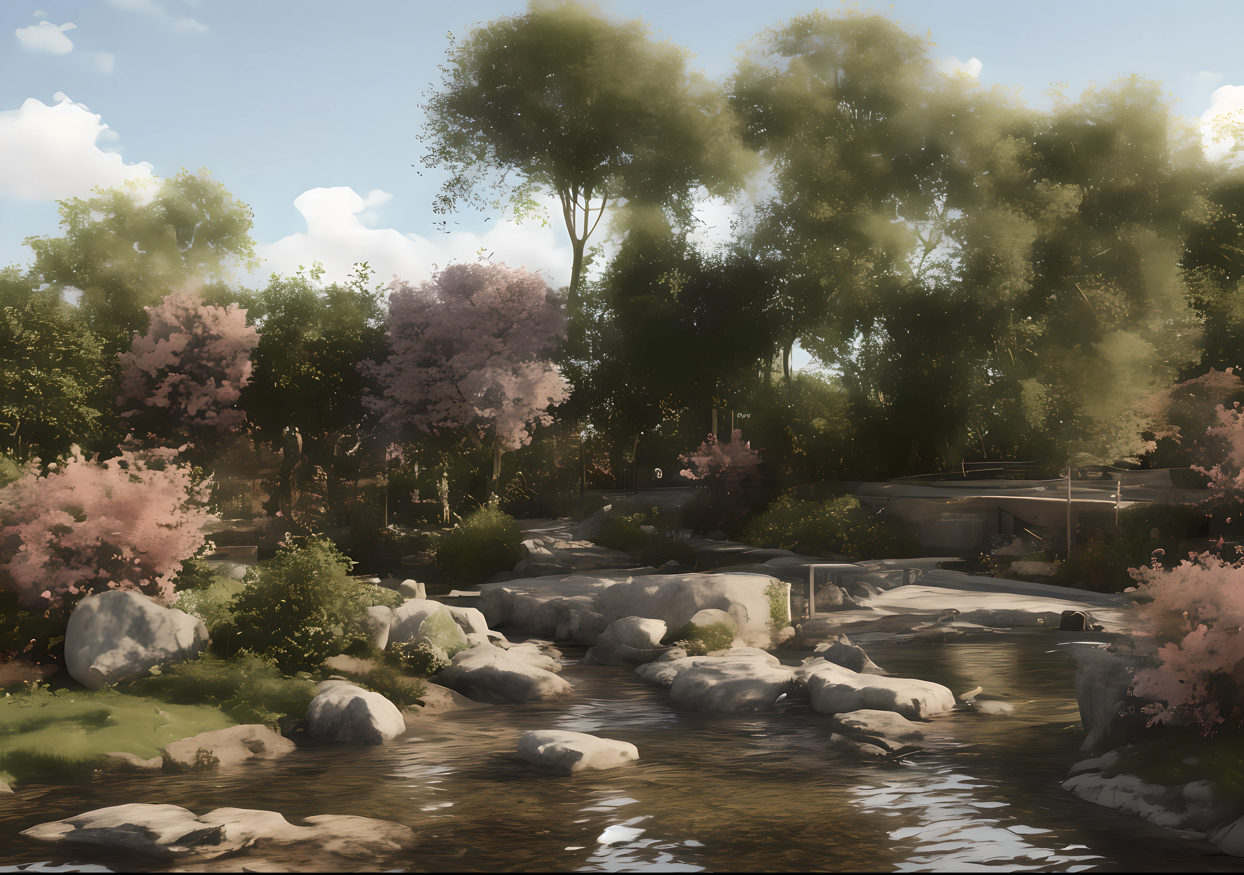 spring, night, garden, lake, stone bridge, peach blossom, trees, flowing water, landscape, outdoor, grass, rocks, (illustration: 1.0), epic composition, realistic lighting, hd detail, masterpiece, best quality, (very detailed CG unity 8k wallpaper), clay texture, clean background, natural light, best quality, hyper detail, 3d art, c4d, blender, oc renderer, 3d rendering, 8k