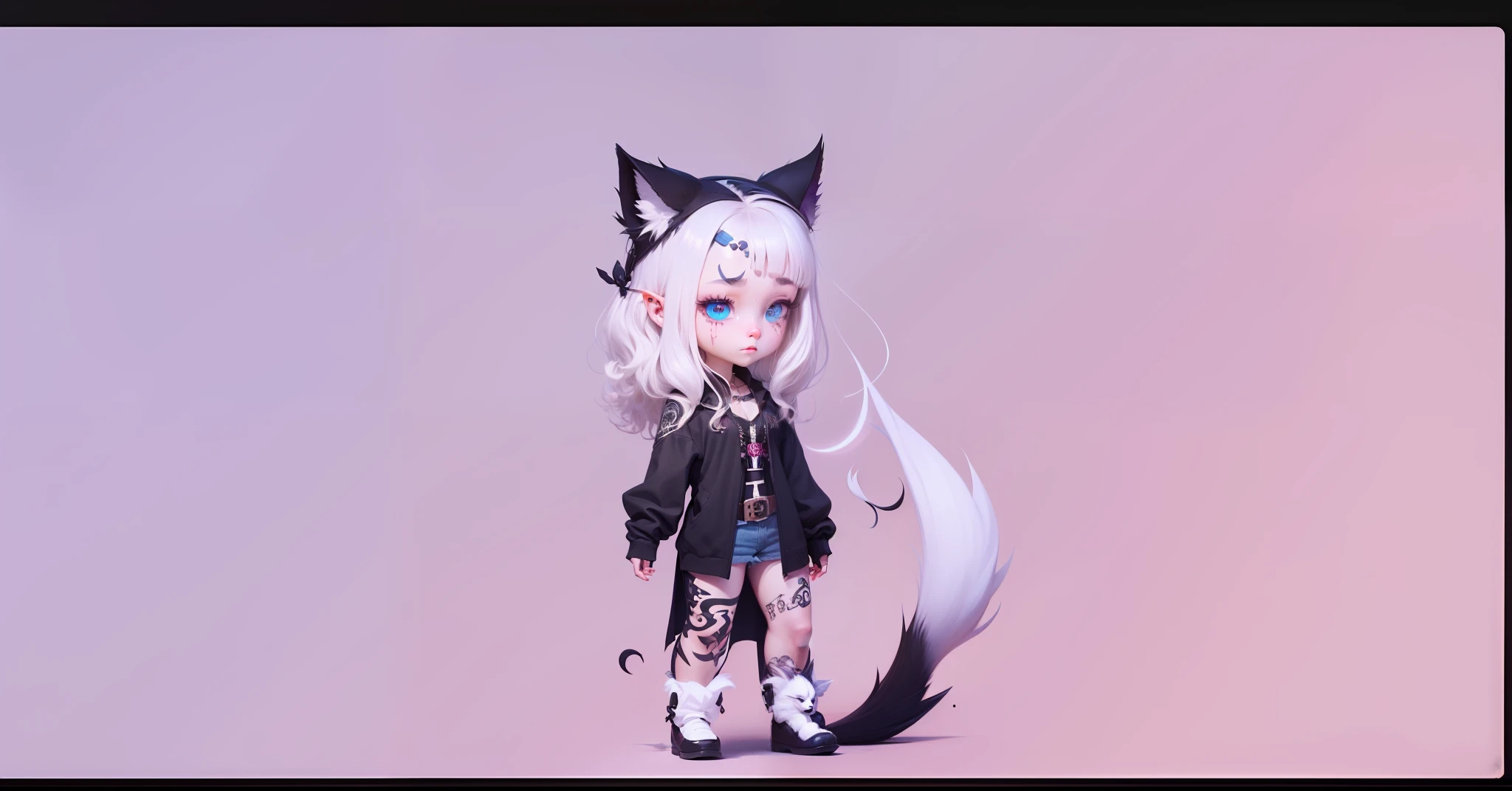 Lavinnya Selene Rose , curly dark hair and platinum blonde bangs, purple stir ,brown blue eyes, teenager, pale, wolf ears, hybrid species ,witch, nephelin, dampir, hunter, medium ,clairvoyance, before demonic possection, kills demons with the can gives mind, strength over human, sign twins, age 17, passion, style , taste, art, songs, loves and curious about supernatural, books,  simple normal tattoo, birthmark and moon on the forehead, tattoo of runes and mystical symbols and protection, nose piercings one on the left side and the other in the 🌙 middle,spend time, loving pair, personality, Supernatural,