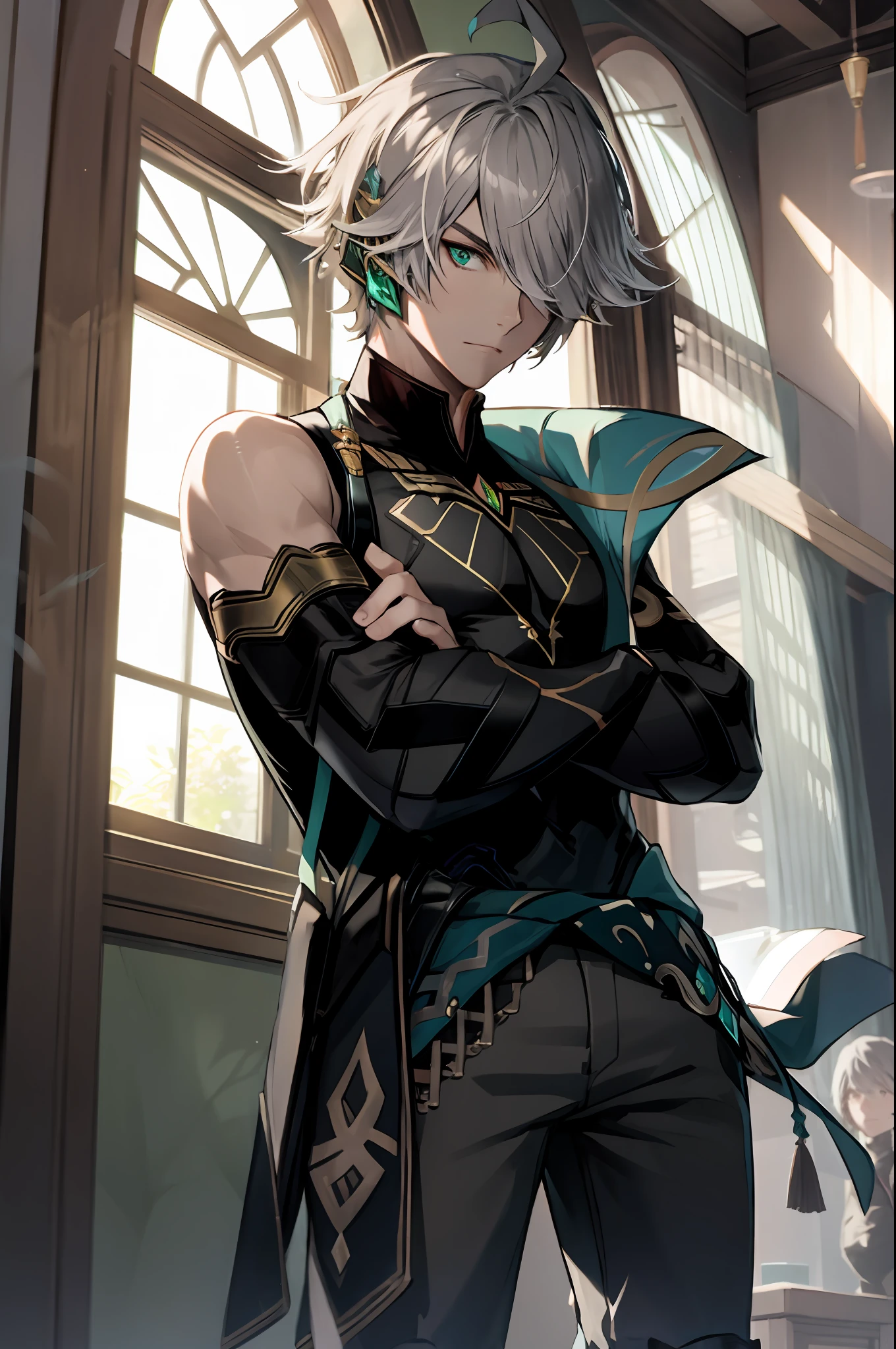 masterpiece, best quality,alhaitham\(genshin impact\), 1boy, male focus, window, shirt, solo, gloves, sleeveless shirt, grey hair, green eyes, orange pupil, sleeveless, ahoge, curtains, black shirt, bangs, hair over one eye, black gloves, indoors, fingerless gloves, black pants, pants, swept bangs, boots, bare shoulders, short hair, elbow gloves,(kbxll:0.6), detailed, focus on face, accurate face, ((crossed arms)), standing