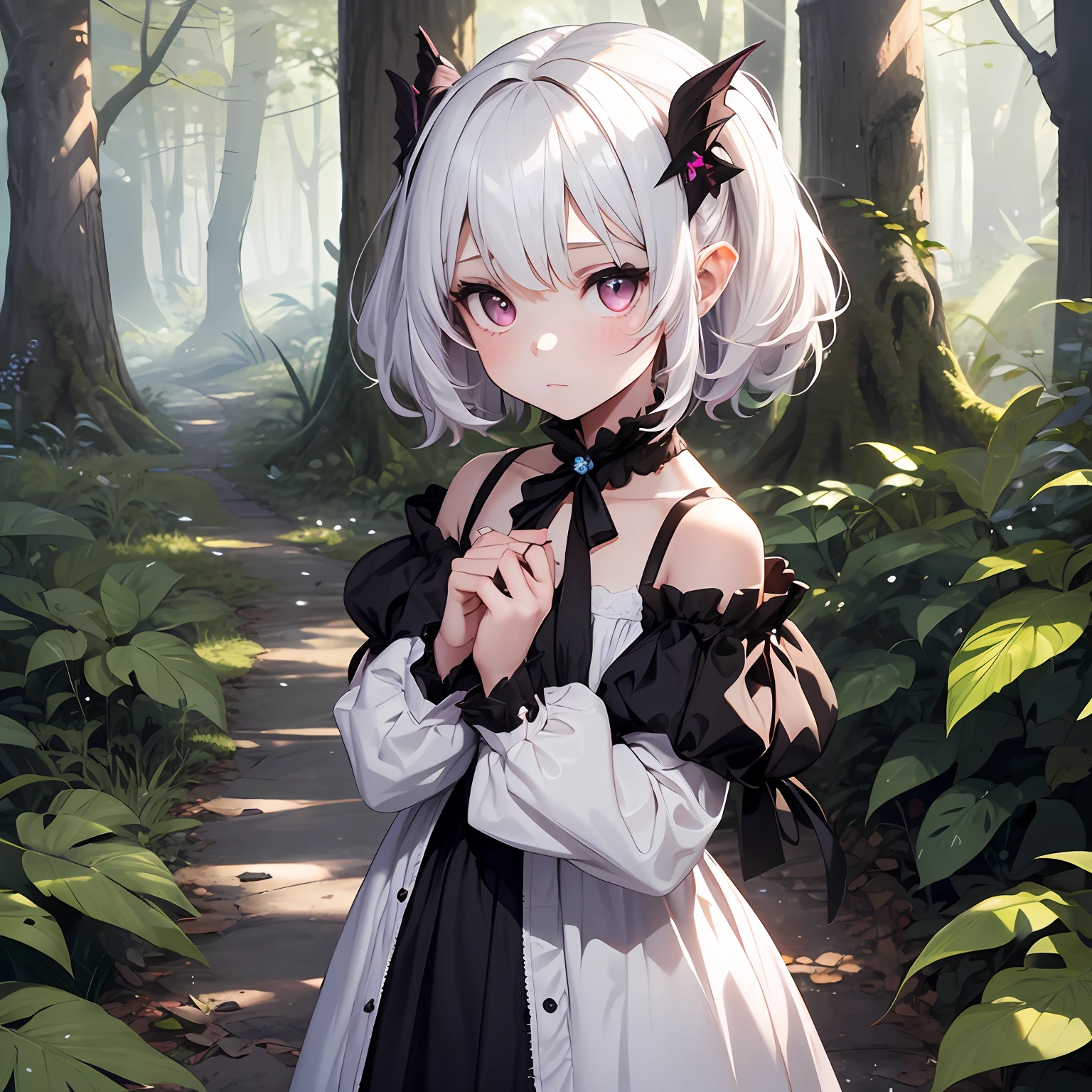 7-year-old girl, gargoyle, shoulder-length short white hair, pale skin, magenta eyes, pointed ears, rich girl Victorian white dress, black head ornaments, innocent and shy look, standing in a forest