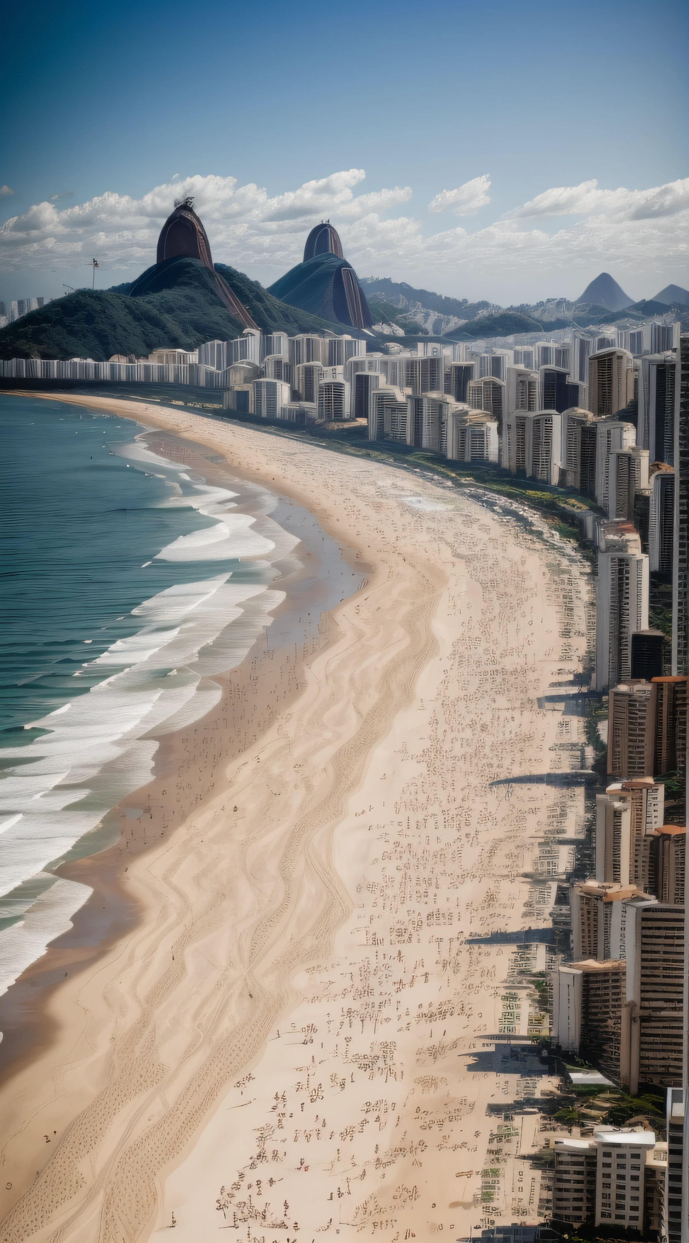 Rio de Janeiro , Copacabana Beach , Copacabana waterfront , different people transiting , realistic image , 9:16 , Full HD , no imperfections , sunny day , sun appearing , realistic lighting , best quality , masterpiece