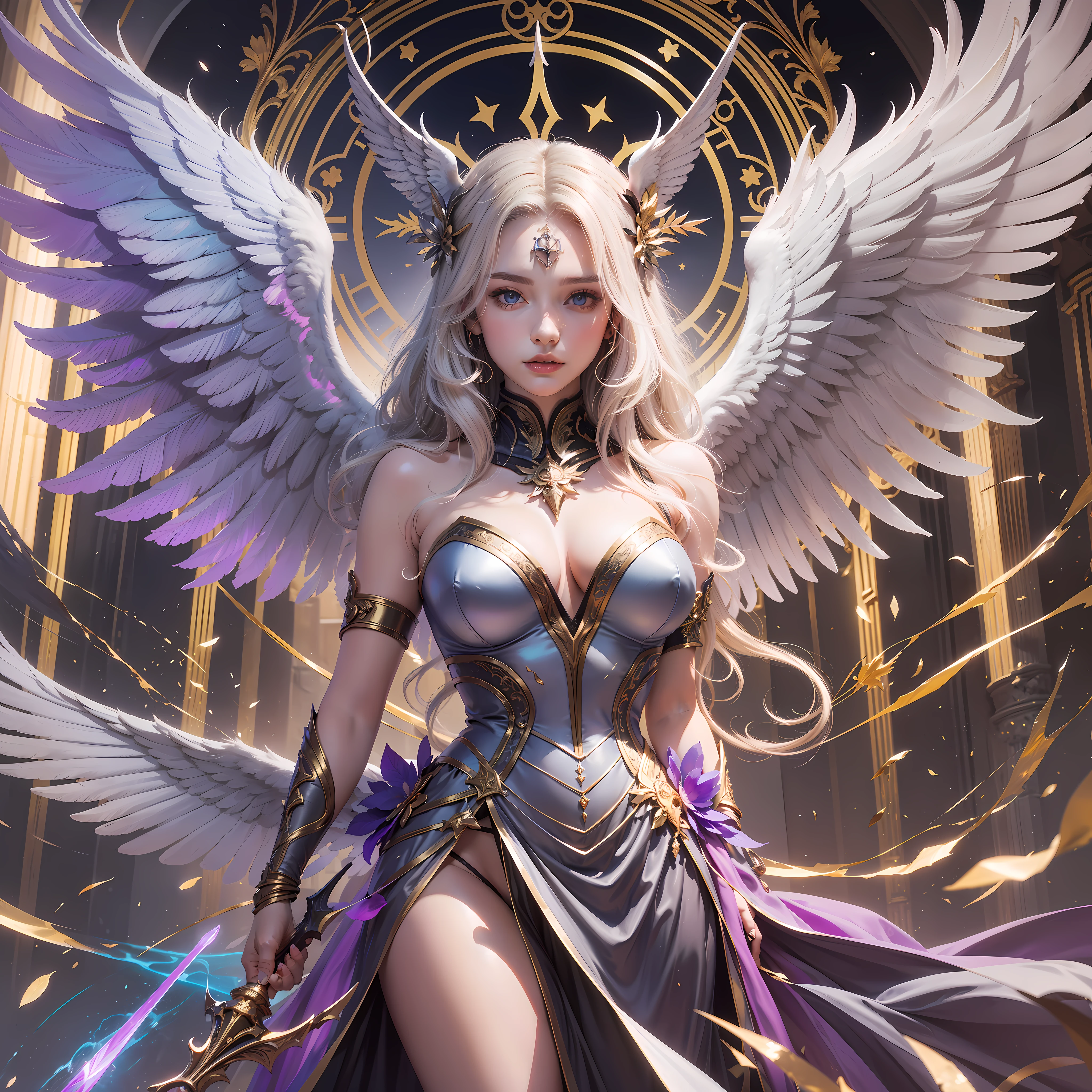 {{{{{extremely detailed CG}}}}},{{8K}}, ((masterpiece)), (((best quality))), ((ultra-detailed)), beautiful detailed eyes, beautiful stunning face, extremely detailed face, beautiful long eyelashes, highly detailed skin, highly detailed background, beautiful young female, long blonde hair, plump lips, wearing a pastel purple iridescent ballgown, long gown, fantasy dress, they are in the clouds, pegasus, magical horse, magic, elegant pegasus, young woman standing next to pegasus