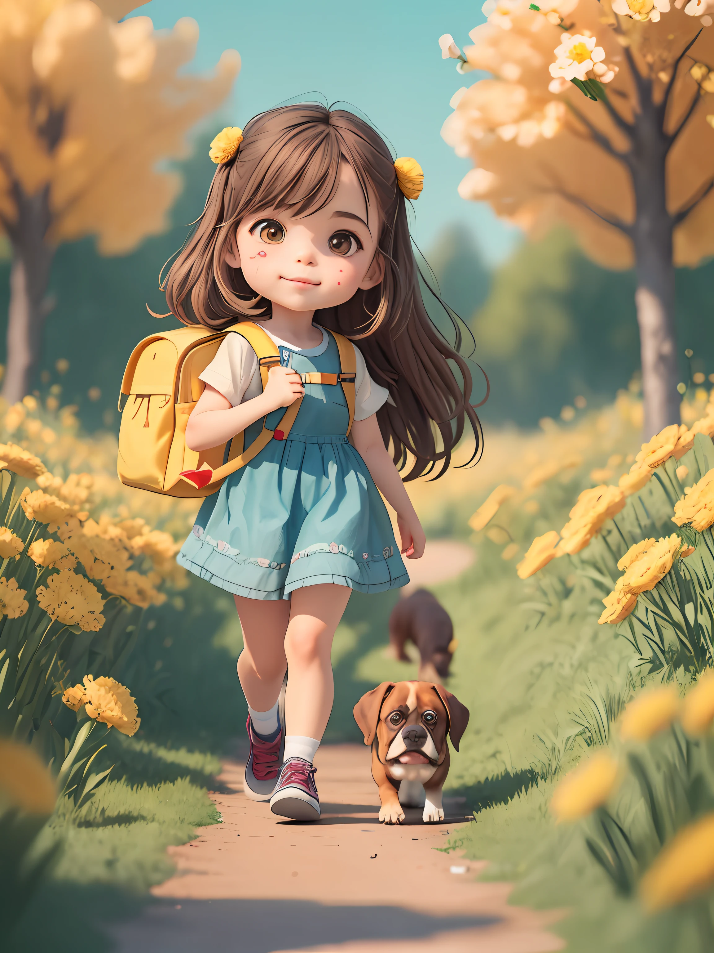 An incredibly charming 4-year-old girl carrying a backpack, brown eyes, long brown hair, accompanied by her adorable boxer dog, enjoying an adorable spring walk surrounded by beautiful yellow flowers and natural landscapes. The illustration is in high definition in 4k resolution, with highly detailed facial features and cartoon-style visuals.