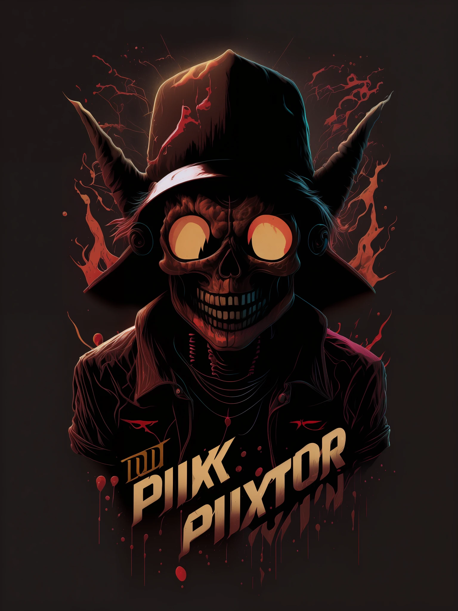 pixador skeleton with hannya mask and cap, splash, spray, tracks, 80's, vector image, t-shirt design, isolated, black background, illustration, use only brown red and white colors, with letters "TDR" highlighted