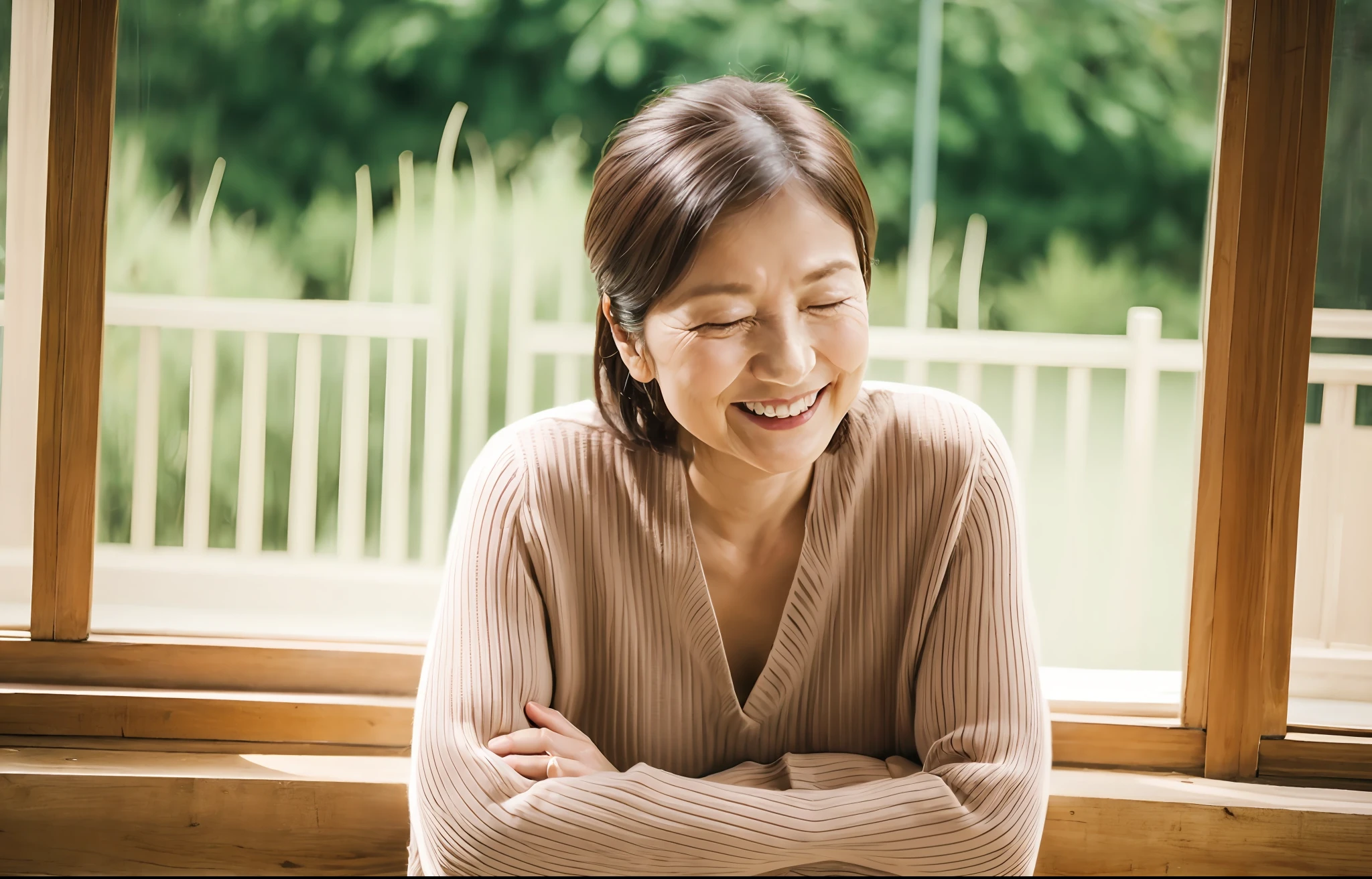 ((incomparable masterpiece, best quality)), mombod , average older mature Japanese woman with a calm, serene and happy look thinking of something that makes her feel good, eyes closed, meditation, , , 50 year old woman, close-up, beautiful look,