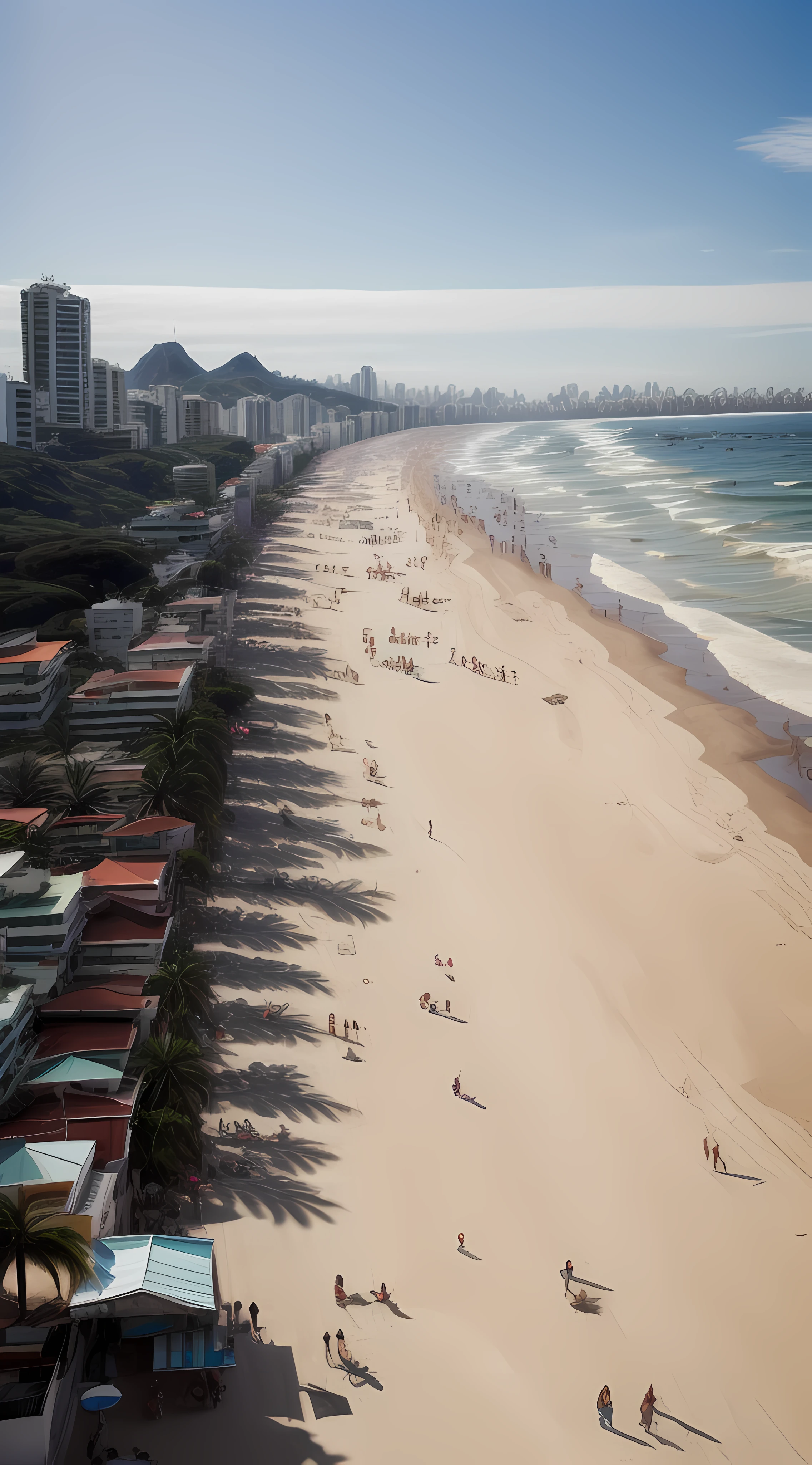 Rio de Janeiro , Copacabana Beach , Copacabana waterfront , different people transiting , realistic image , 9:16 , Full HD , no imperfections , sunny day , sun appearing , realistic lighting , best quality , masterpiece