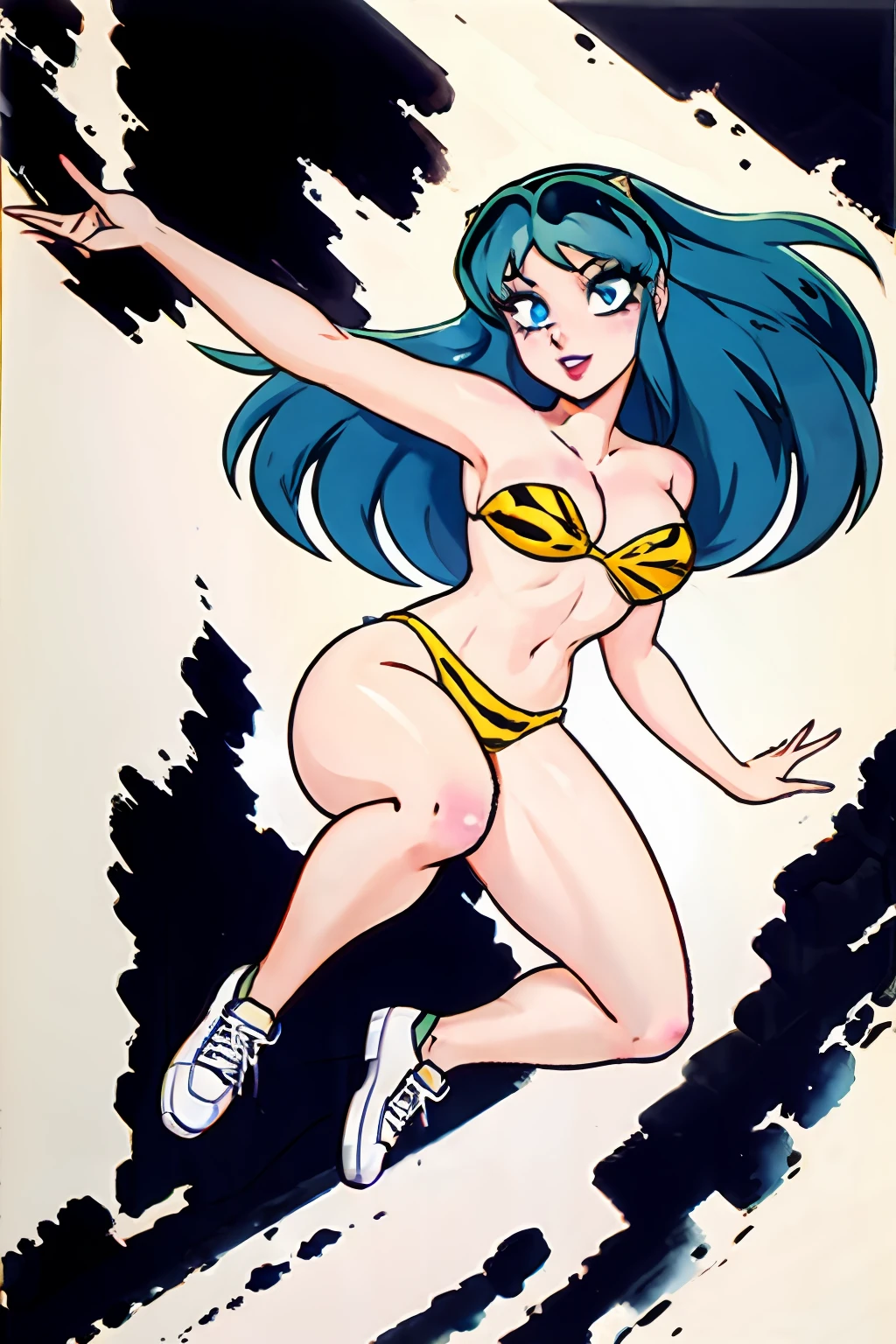 /draw [retro anime art style], old anime, 1980s \(style\), 1990s \(style\), watercolor \(medium\), ((best quality)), ((masterpiece)), [detailed], [anime and manga image], [captivating], [enchanting], [narrow hips], [medium ], [wide hips], [lum invader from urusei yatsura], 1girl, lum, urusei yatsura, bikini, blue eyes, eyeshadow, green hair, long hair, makeup, oldschool, solo, [strapless bikini], [leopard print bikini], [animal print bikini], white background, ((strapless bikini)), (hyperdetailed:1.15), [detailed], ((best quality)), ((masterpiece)), (soft light, sharp:1.2), (illustration, uhd, unreal engine, sharp focus,), op quality, best quality, official art, ultra detailed texture, ultra detailed hands, ((art by takehiko inoue)), [pixiv], dynamic pose, flying, (wearing sneakers), [green sneakers], {detailed sneakers}, {detailed shoes}